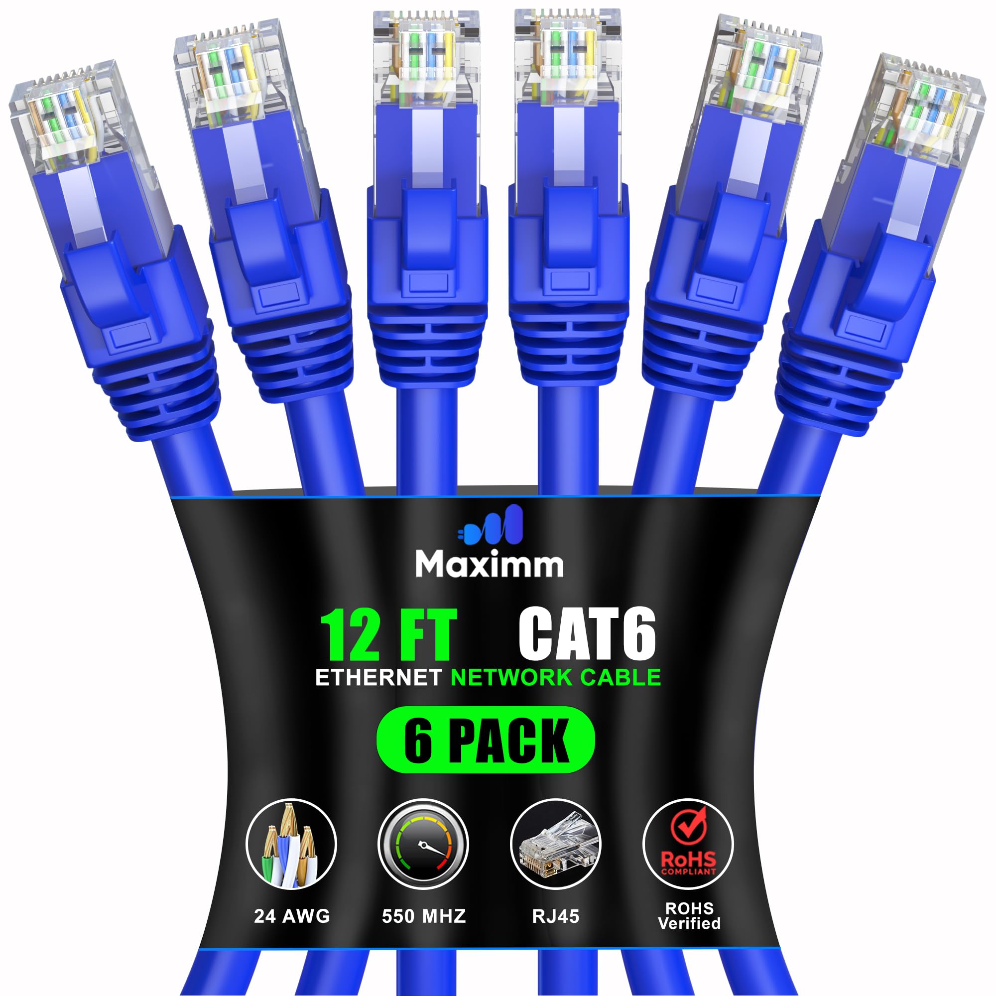 Maximm Cat 6 Ethernet Cable 12 Ft (6 Pack)   High Speed Lan Cable, Internet Cable, Patch Cable, And Network Cable   Utp, 10Gbps, 550Mhz Ethernet Cord   Blue