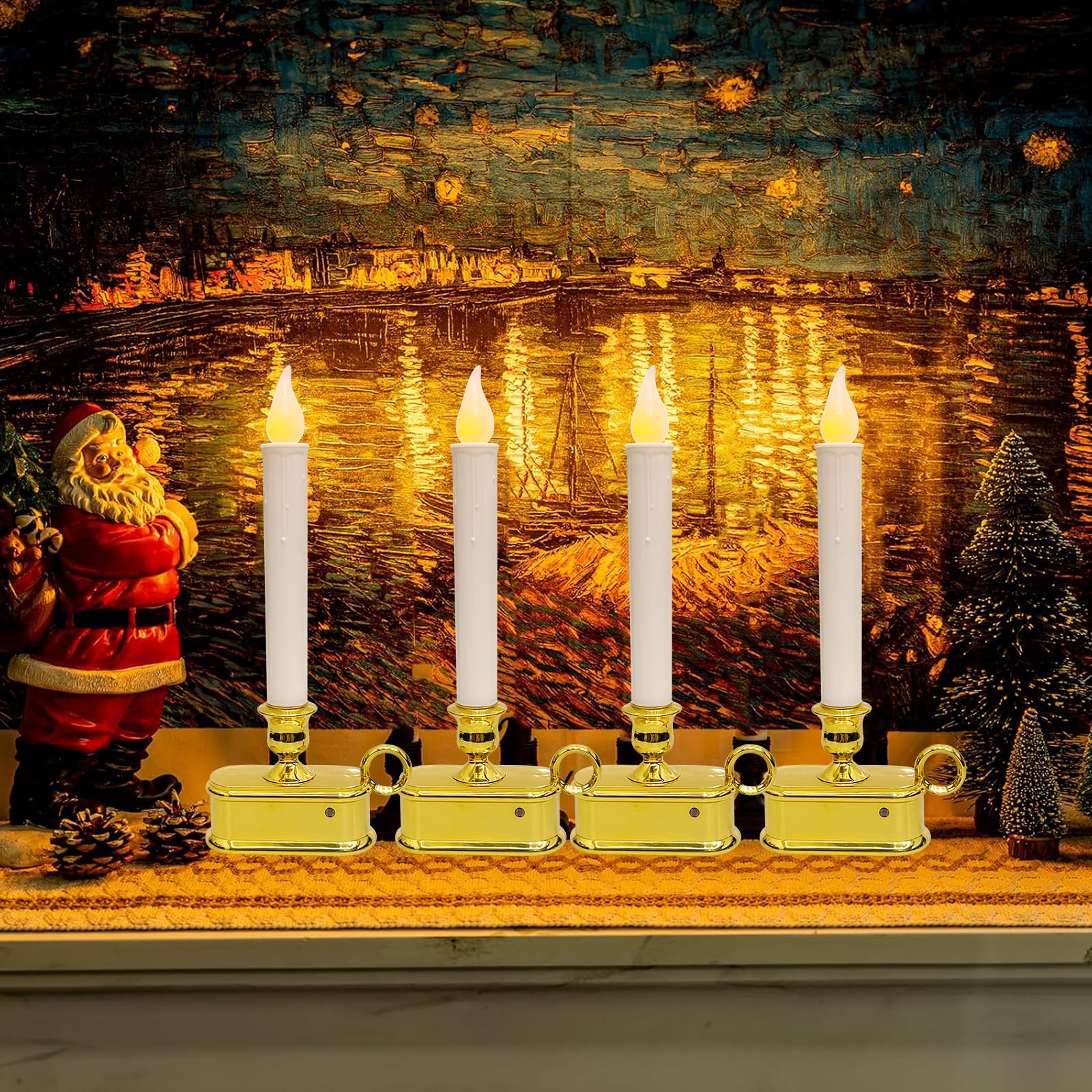 4 Pack 10 Inch Wireless Window Candle Lamps, Christmas Window Candle Light With Sensor, Flameless Flicker Led Lights And Gold Ba