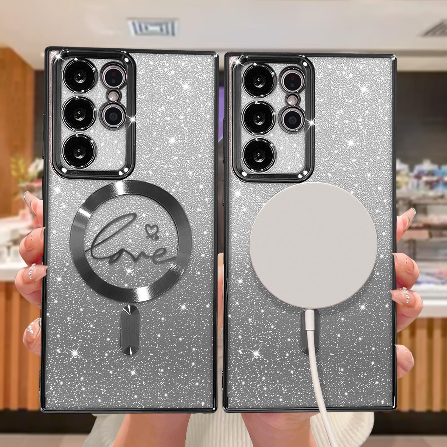 Zonrw For Samsung Galaxy S22 Ultra Case Magnetic,For Women Girl Soft Cute Luxury Love Heart Plating Bling Gradient Glitter Phone