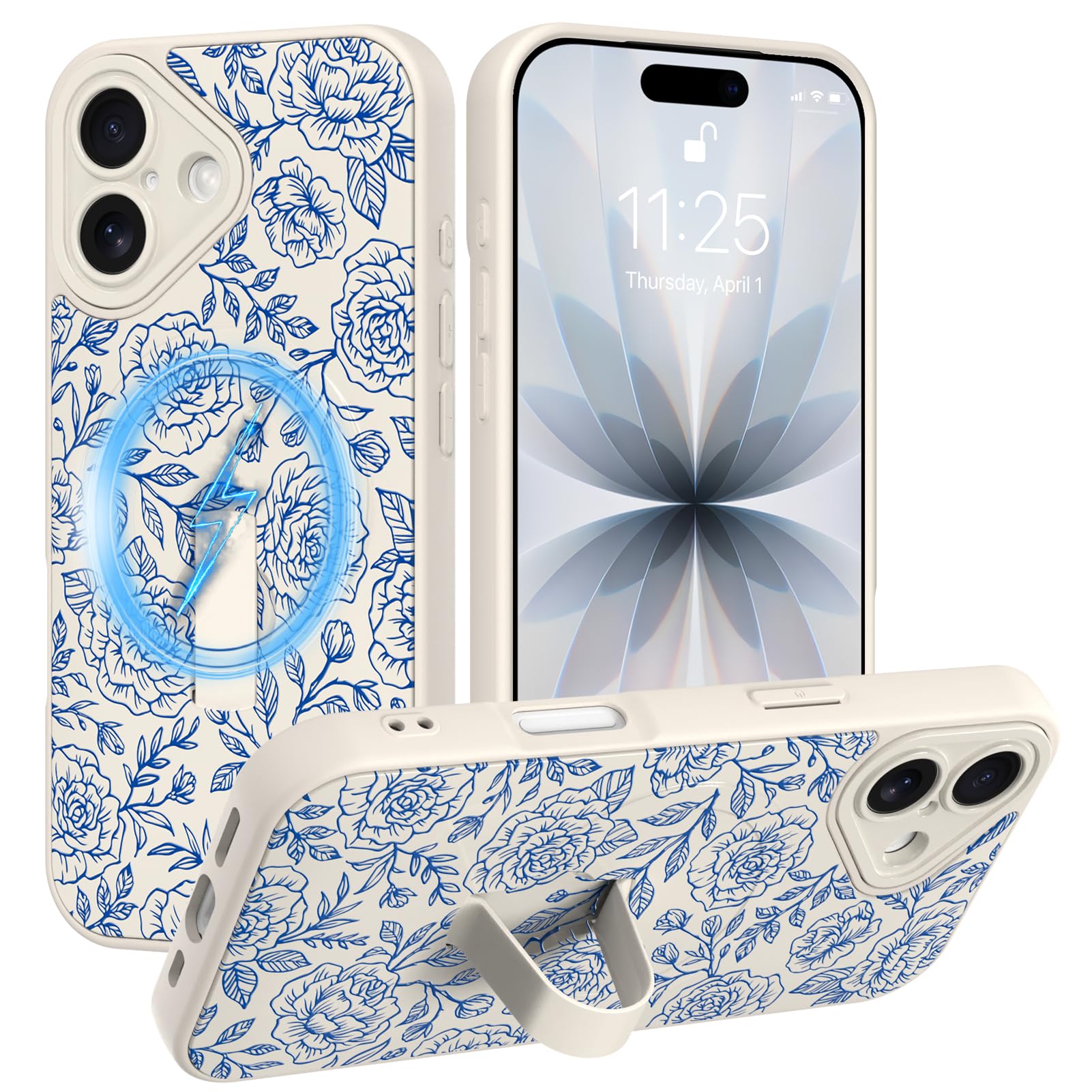 SOKAD Magnetic Floral Case for iPhone 17 with Finger Strap Kickstand, Compatible with Magsafe, Cute Blue Rose Flower Line Design