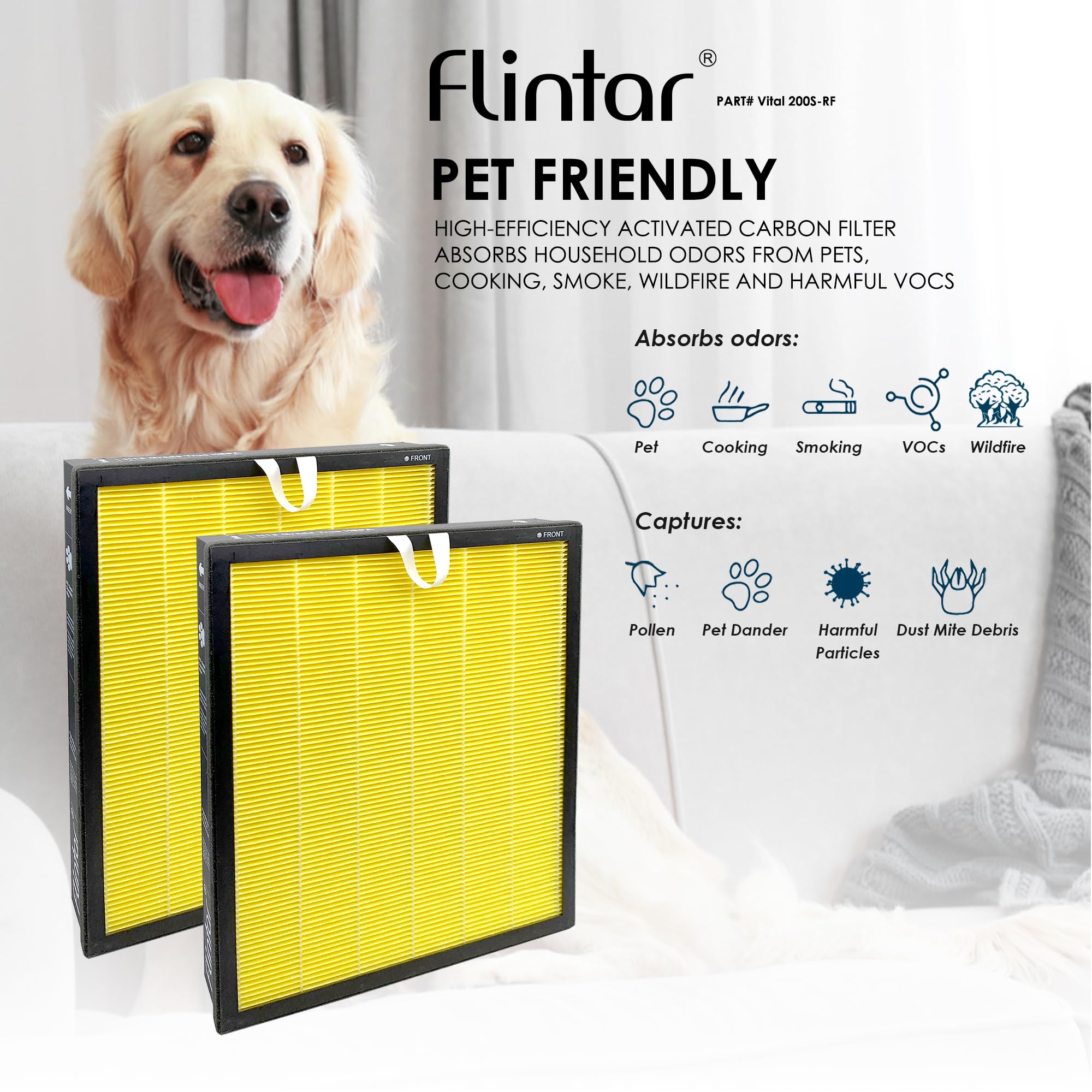 Flintar Vital 200S Pet Allergy Replacement Filter, Compatible With Levoit Vital 200S Air Purifier, H13 True Hepa + Activated Car