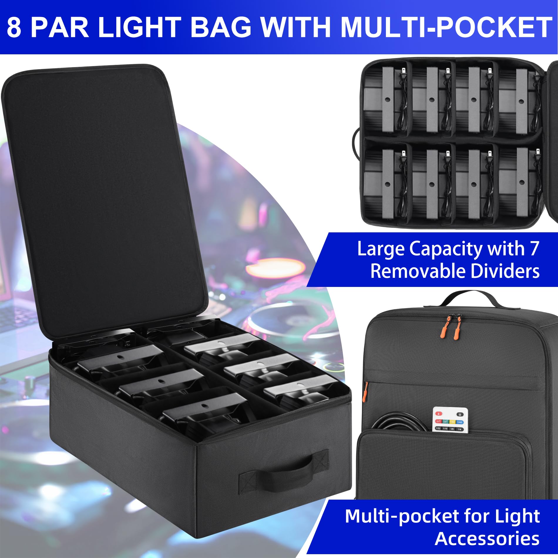 Aleemin Par Light Bag Soft Padded For 8 Par Lights, Stage Lighting Case With Removable Dividers & Backpack Strap & Handle, Light