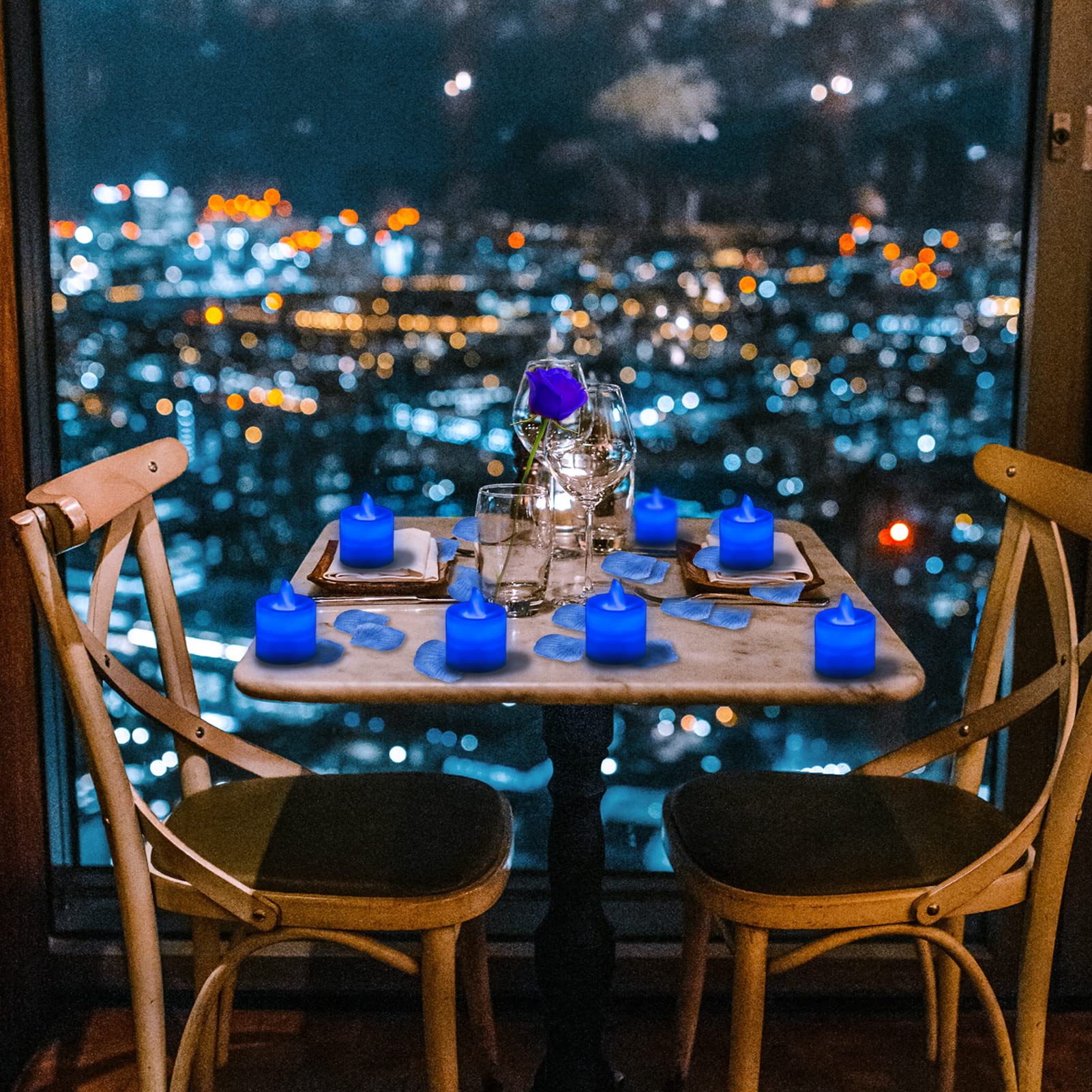 Lanker 500 Pcs Blue Artificial Rose Petals With 24 Pcs Bright Flickering Blue Flameless Led Tea Lights Candles (Blue Lights With