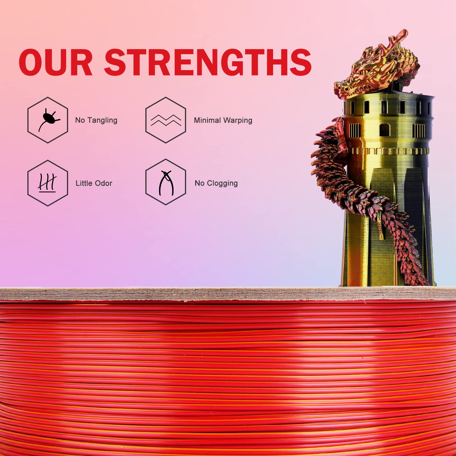 Eryone Silk Tri Color Coextrusion Pla Filament,3D Printer 1.75Mm,+/ 0.03Mm, Triple Color Filament 1Kg(2.2Lbs), Silk Red Gold Bla