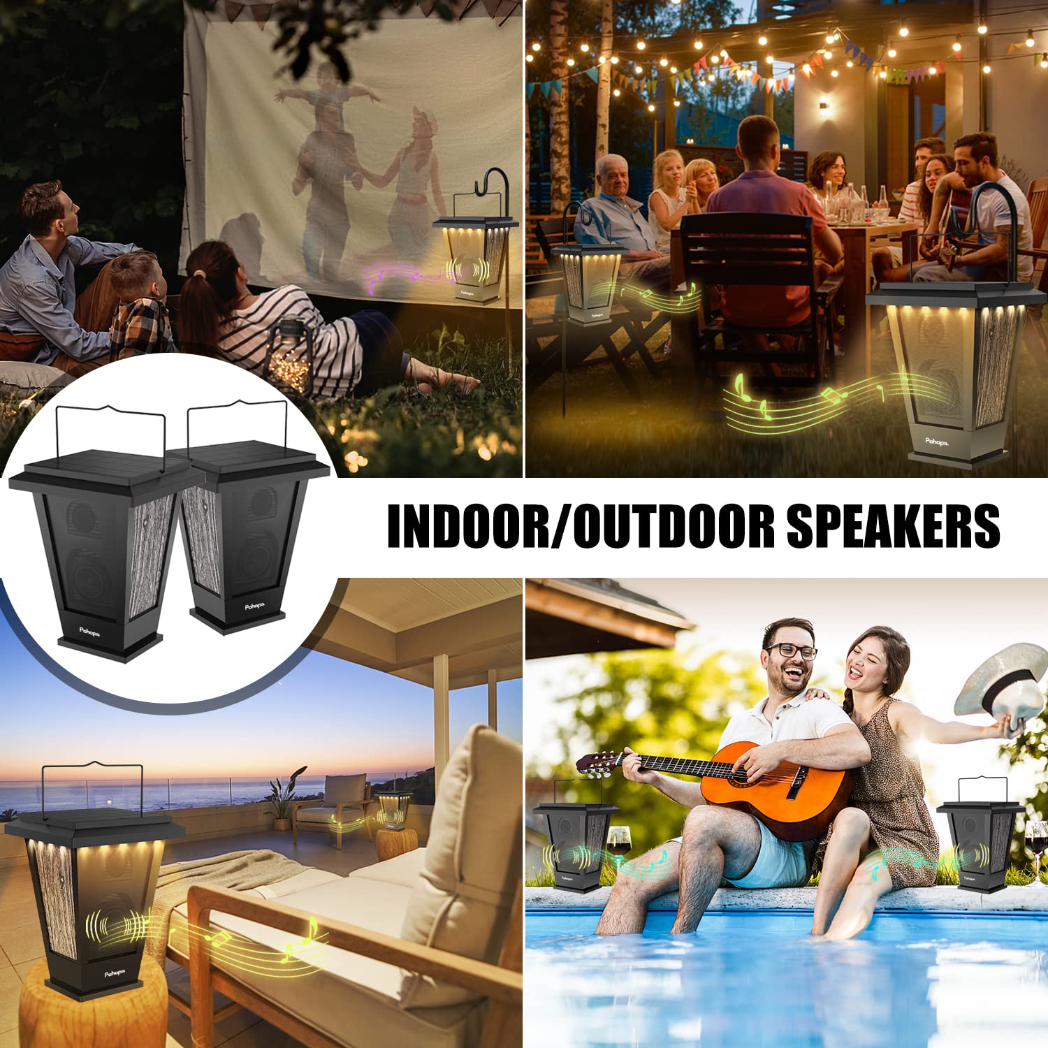 Pohopa Bluetooth Speakers Waterproof, Solar Powered 2 Packs True Wireless Stereo Sound 20W Speakers Dual Pairing Lantern Indoor Outdoor Speakers With 20 Piece Led Lights, Richer Bass, Black