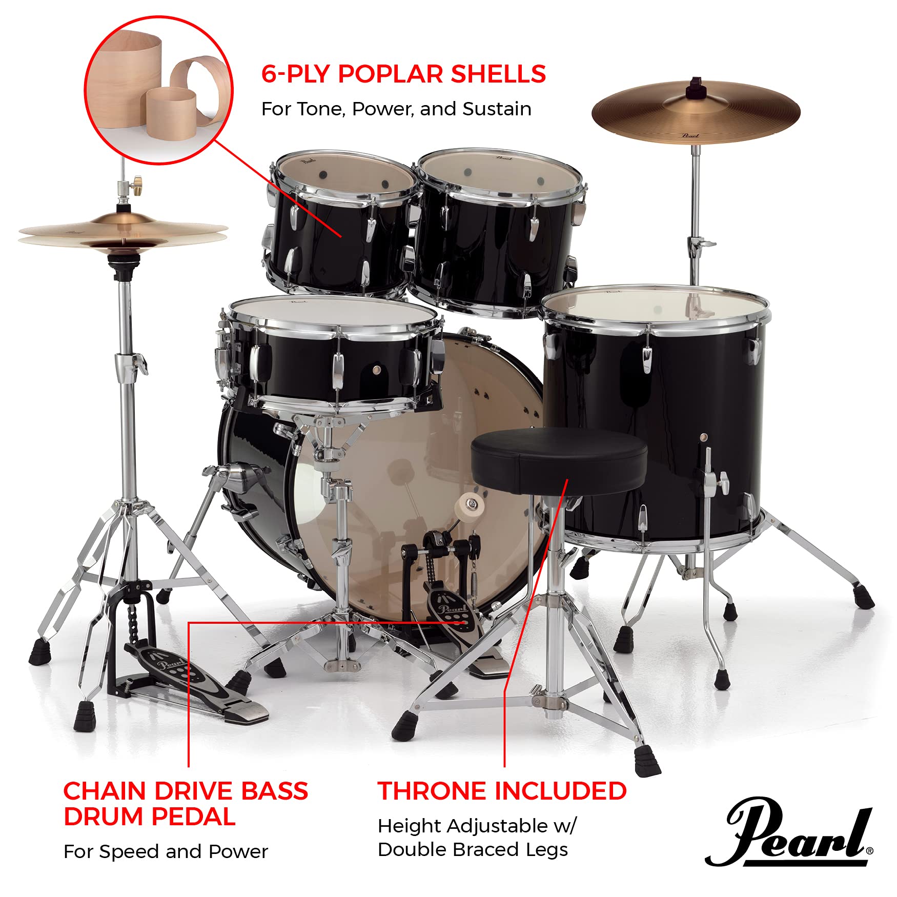 Pearl Roadshow Drum Set 5 Piece Complete Kit With Cymbals And Stands, Jet Black (Rs525Sc/C31)