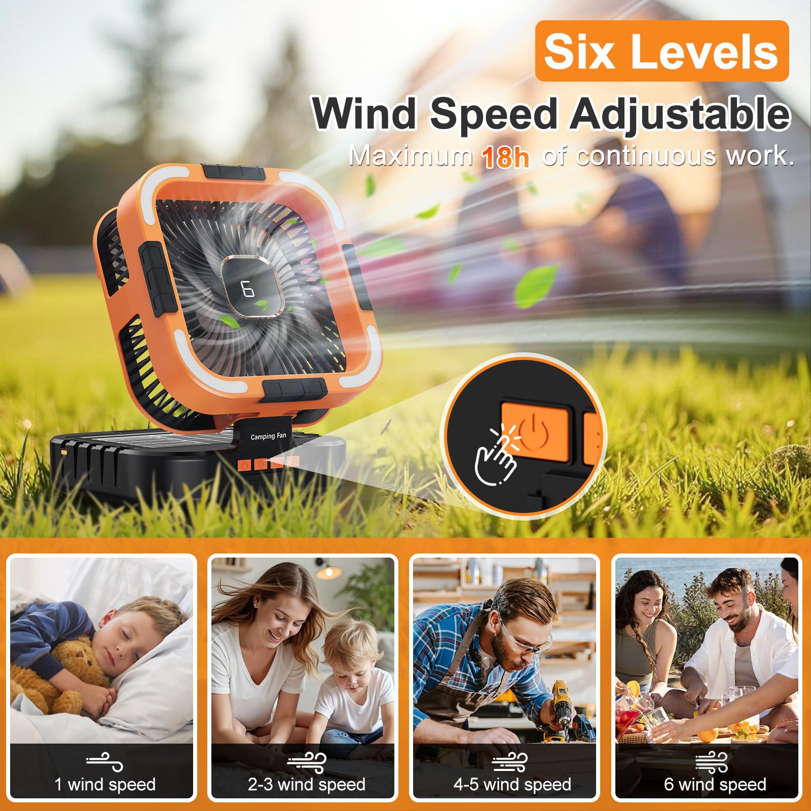 Portable Camping Fan With Solar Panel, 10000Mah Solar Powered Fan, 6 Speed Levels, 120 Oscillation, 3 Light Modes, 6H Timer, Han