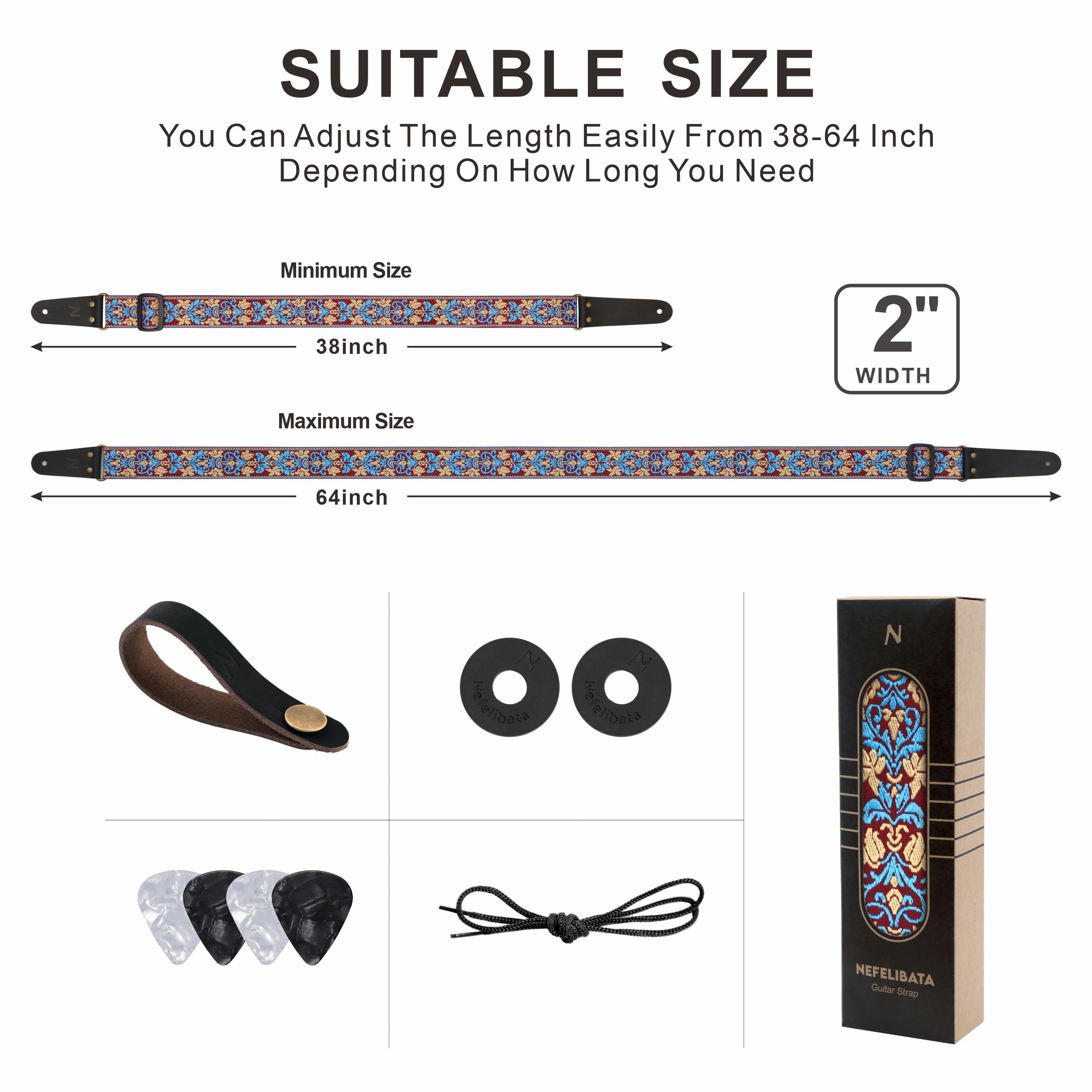 Nefelibata Guitar Strap, 2'' Jacquard Embroidery Guitar Straps, Full Grain Leather Ends With Hidden Pocket, For Bass, Electric A