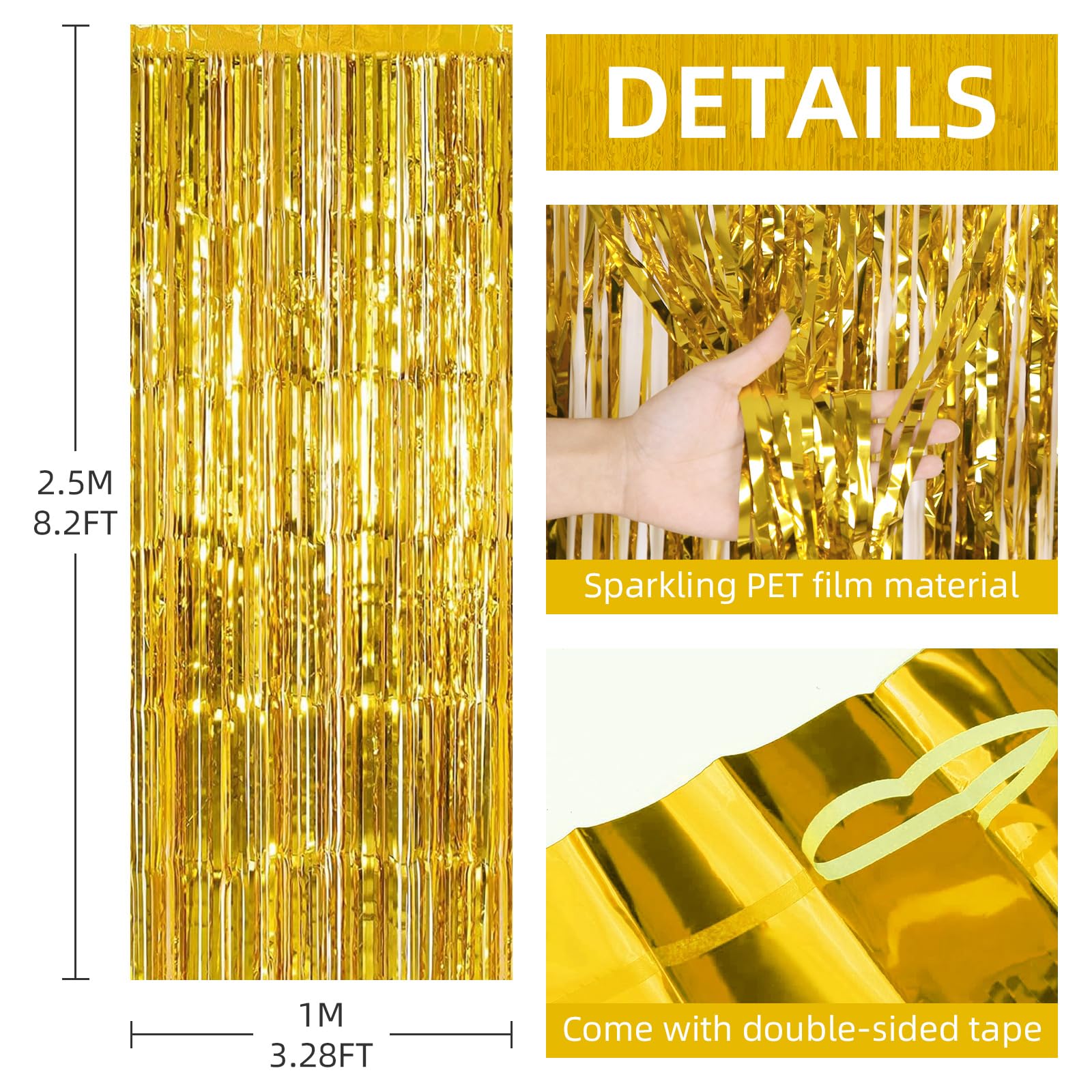 6 Pack Foil Fringe Backdrop Curtains, 3.28 X 8.2 Ft Gold Tinsel Streamers Metallic Tinsel Foil Fringe Curtains Photo Booth Backd