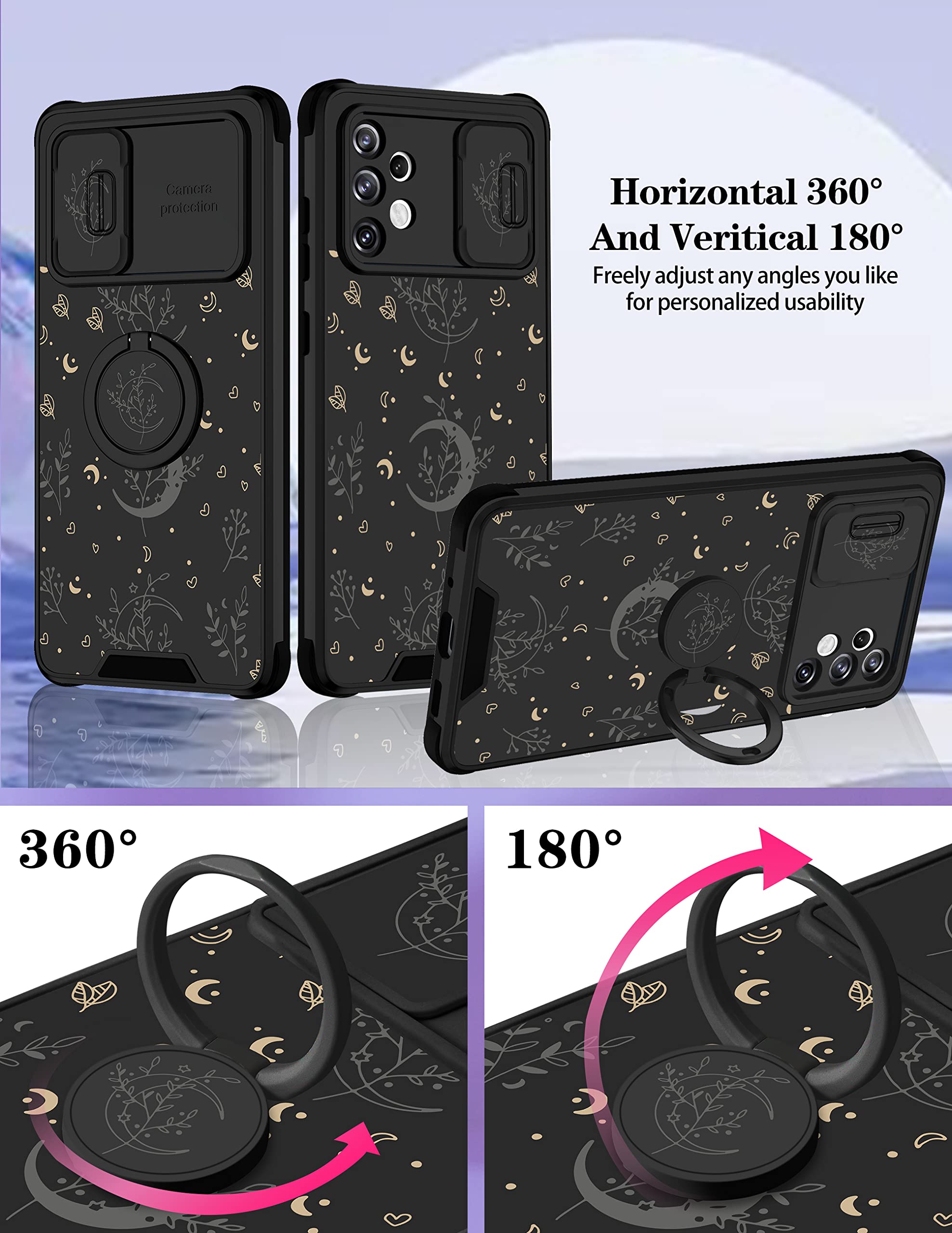 Goocrux (2In1 For Samsung Galaxy A32 5G Case Moon Plants Women Girls Cute Phone Cover Flower Heart Stars Space Design With Slide