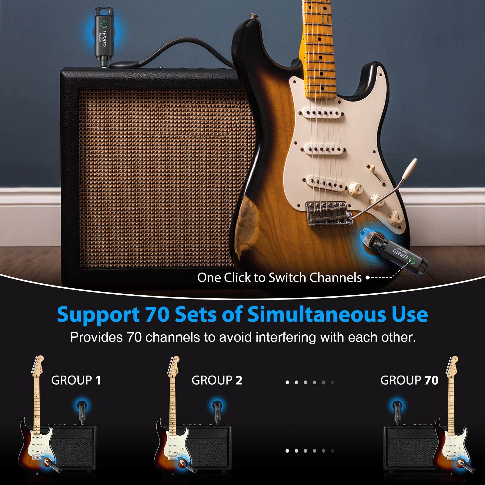 Lekato Wireless Guitar System Uhf Wireless Guitar Transmitter Receiver Rechargeable Audio Bass Cable With 70 Channels For Bass E