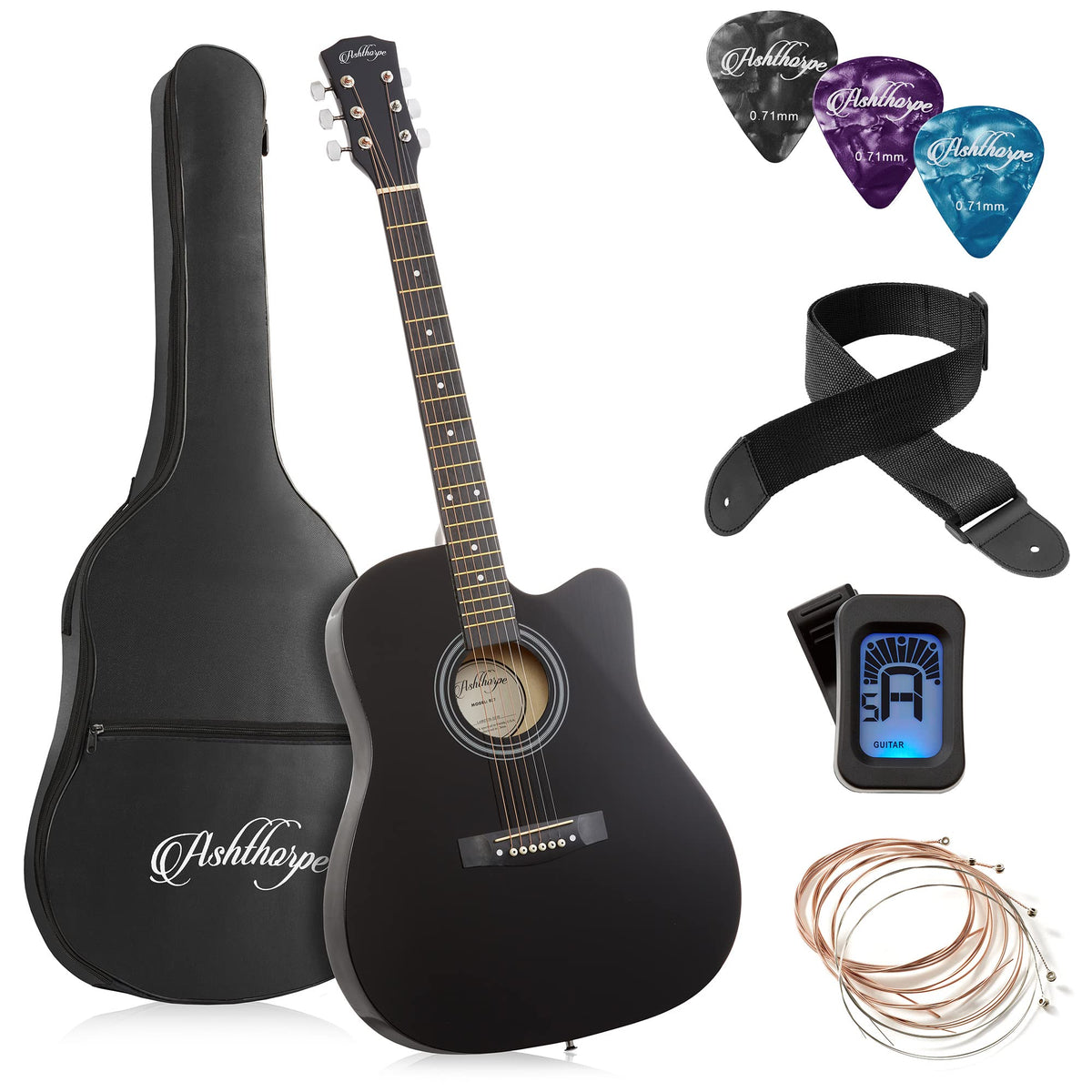 Ashthorpe 41-Inch Beginner Cutaway Acoustic Guitar Package (Black), Full Size Basic Starter Kit W/Gig Bag, Strings, Strap, Tuner