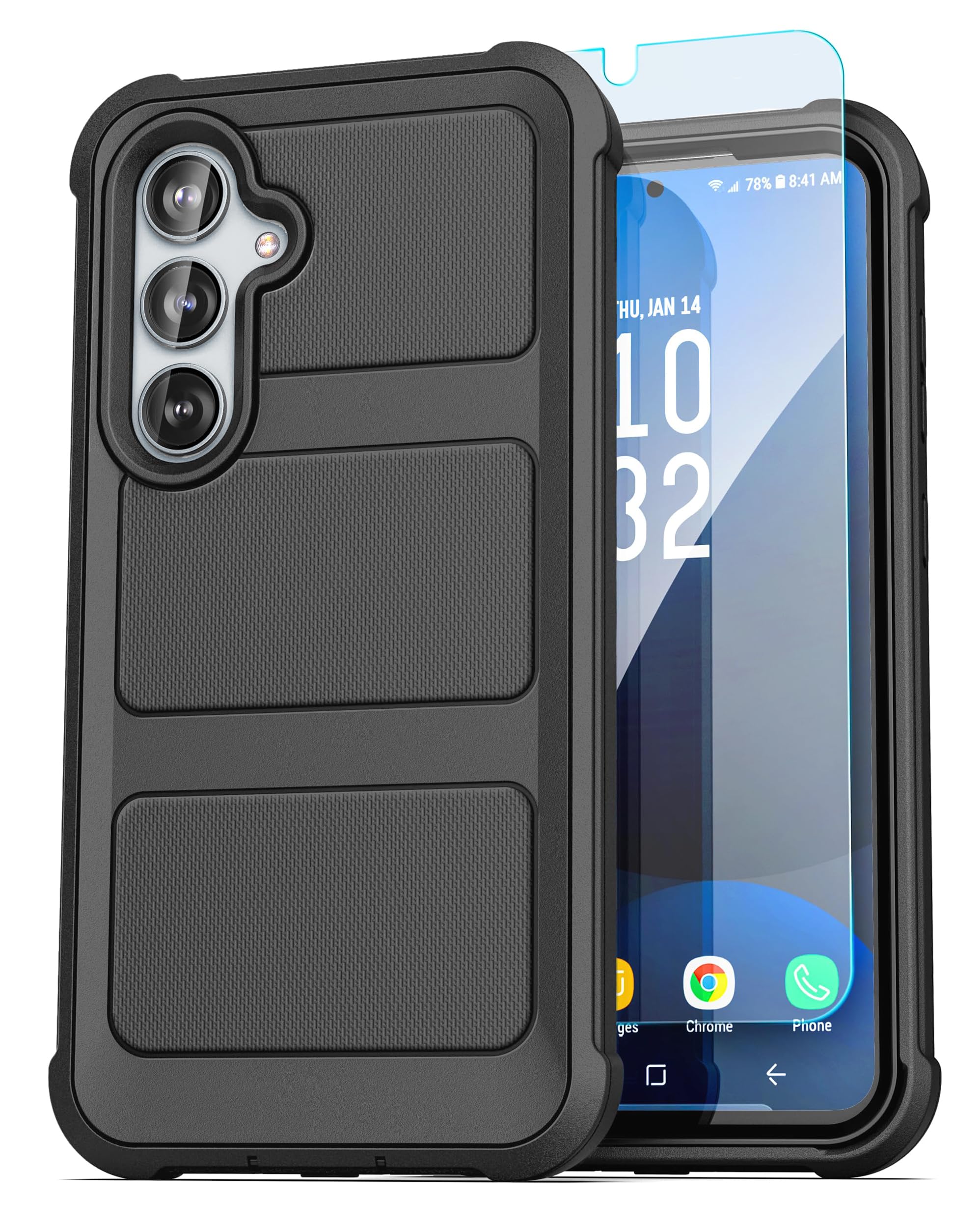 ENCASED Rugged Case for Galaxy S24 FE with Screen Protector [Tempered Glass] Ultra Protective Full-Body Phone Cover (Black)