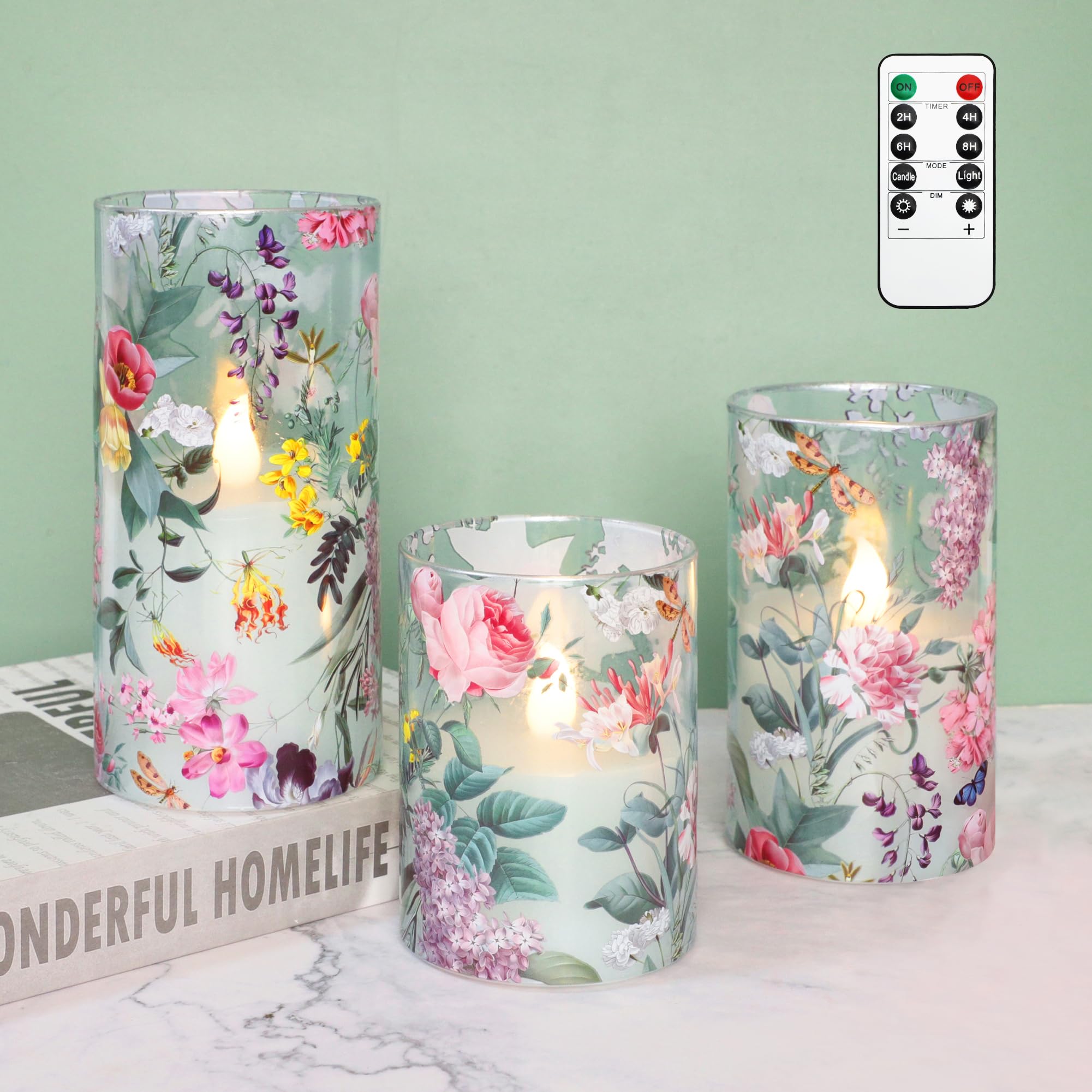 Silverstro Floral Flameless Candles with Remote Timer, Pink Rose and Lilac Pattern LED Glass Candles, Battery Operated for Home 