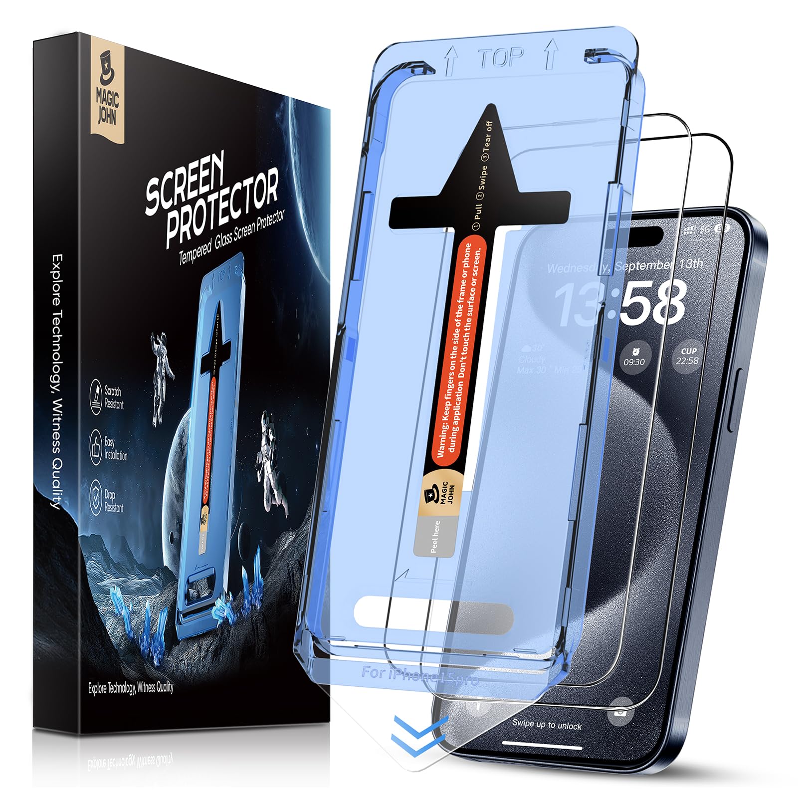 Magic John 2 Pack For Iphone 15 Pro (6.1 Inch) Tempered Glass Screen Protector, Auto Dust Elimination Installation, Bubble Free,