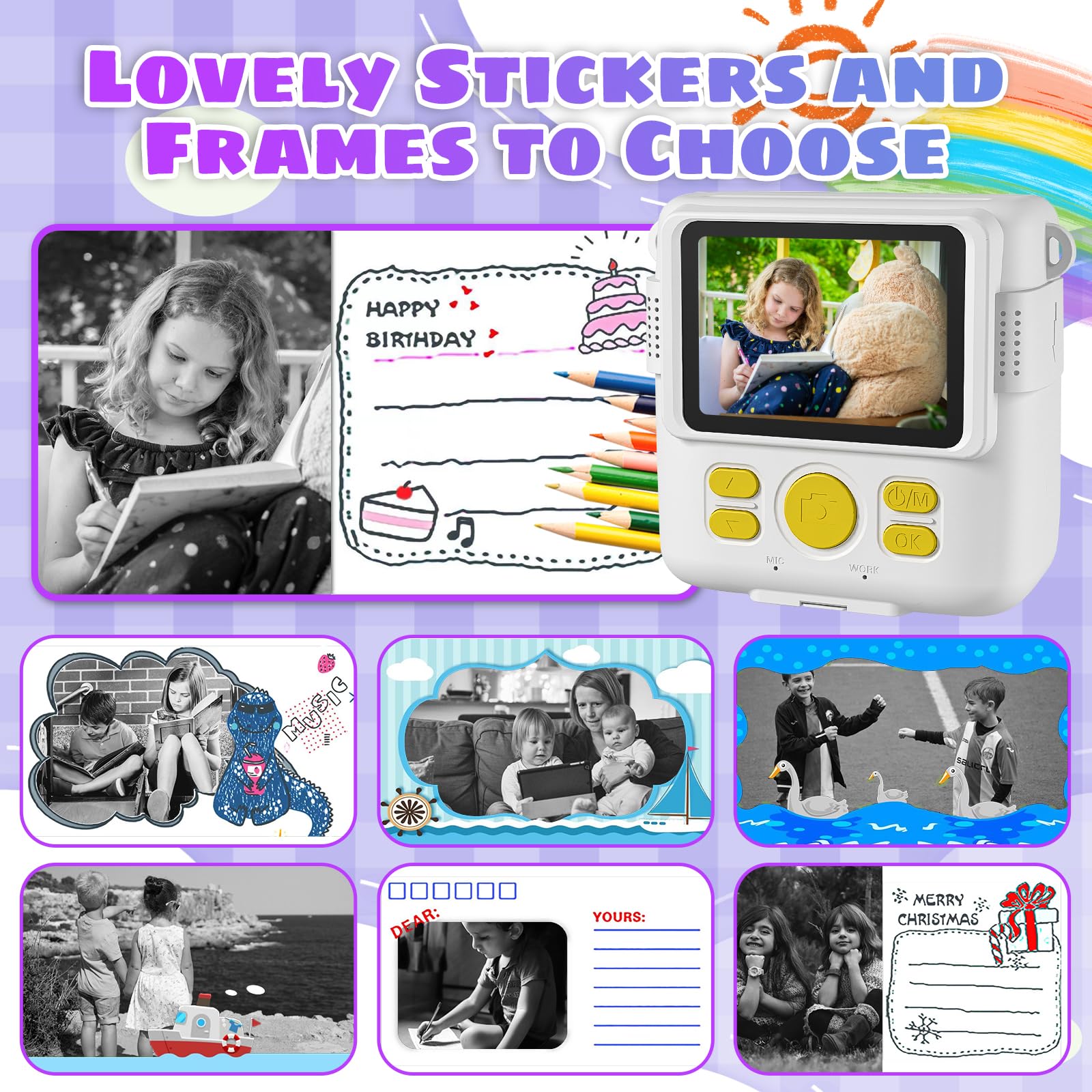 Instant Print Camera, Kids Camera 1080P Hd Digital Camera With 32G Sd Card, 3 Rolls Photo Paper & 6 Color Pencils For Age 6 12 B