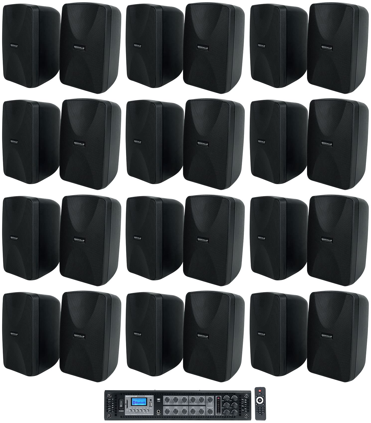 Rockville WET-40B Bundle: (24) 4 in 70V Commercial Wall Speakers Black Swivel, RCS650-6 650-Watt 6 Zone Bluetooth Amplifier for