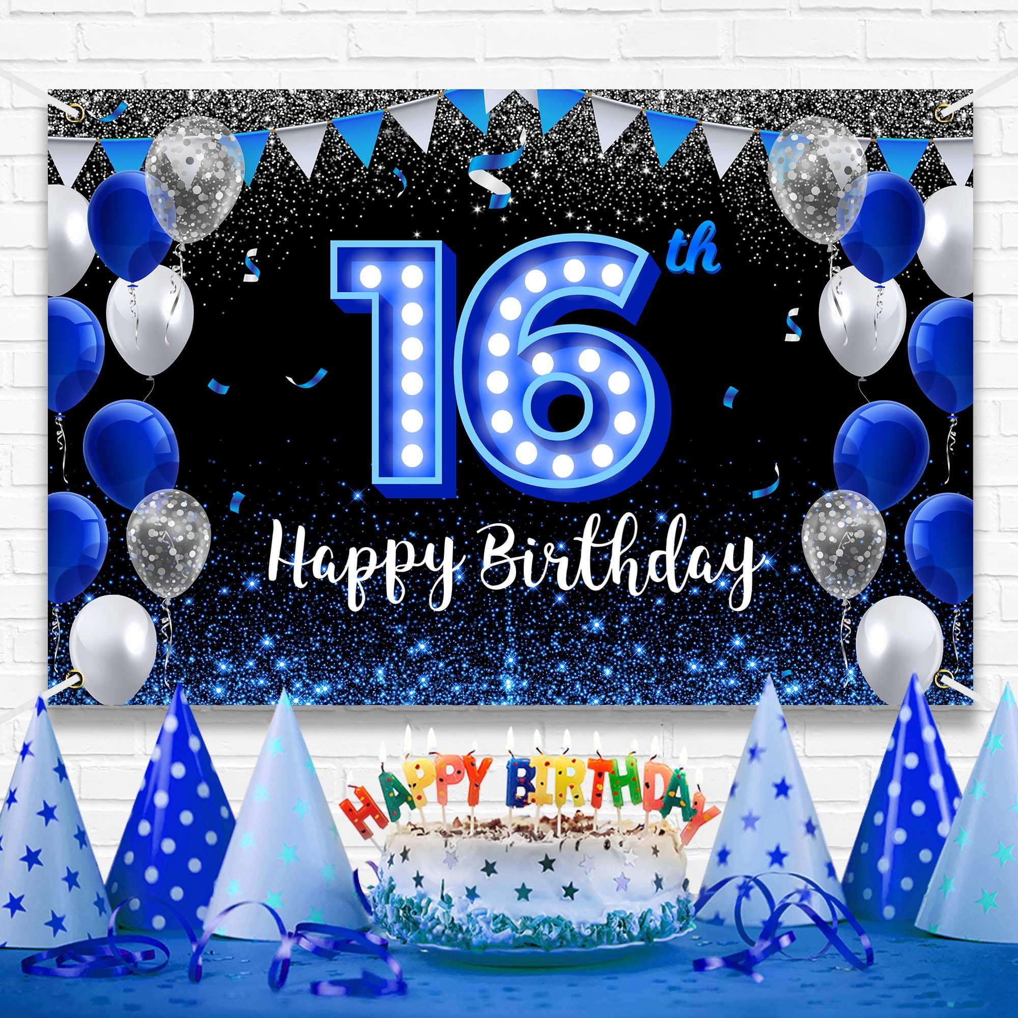 Happy 16Th Birthday Backdrop Banner Blue Black Theme Background With Blue Neon Light Shiny Fashion Birthday Party Photo Photogra