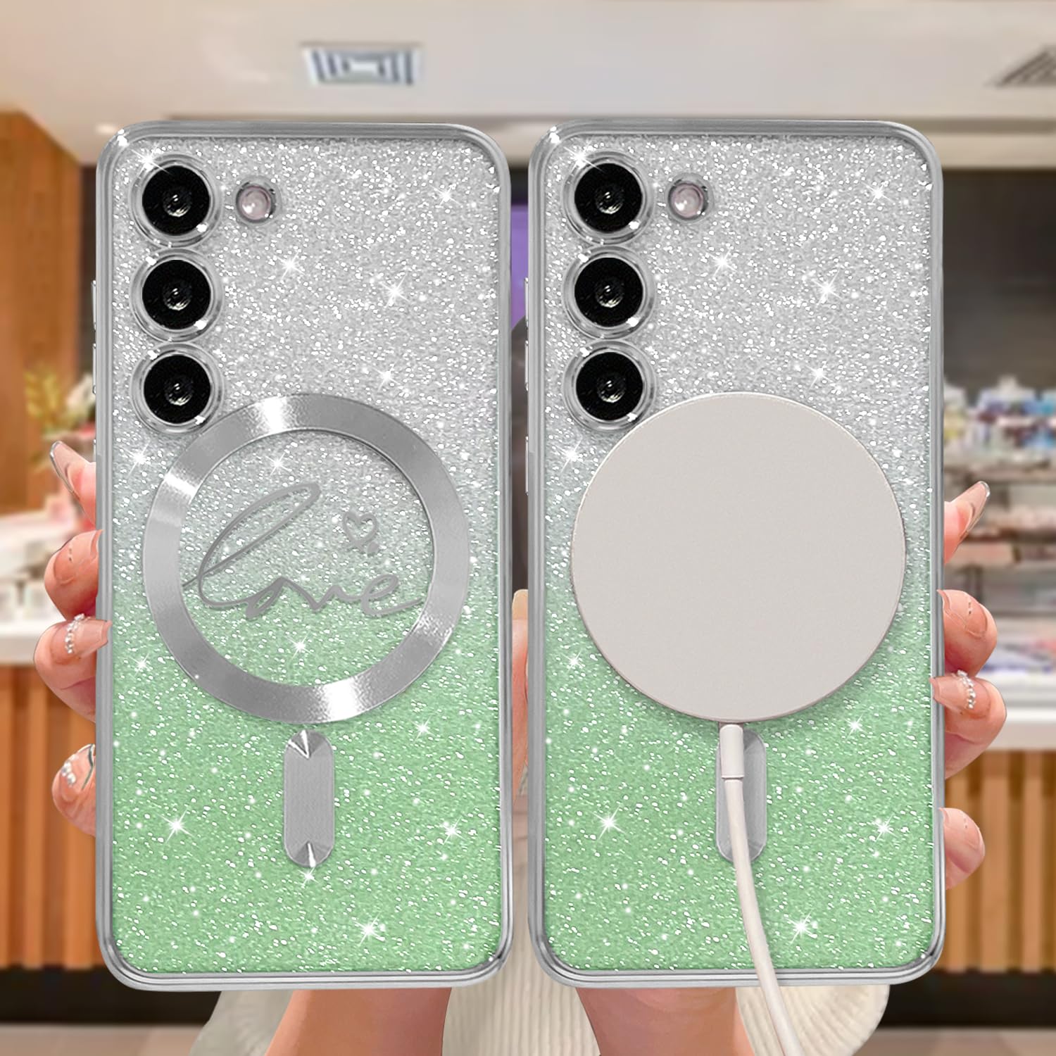 Zonrw For Samsung Galaxy S23 Case Magnetic,For Women Girl Soft Cute Luxury Love Heart Plating Bling Gradient Glitter Phone Case