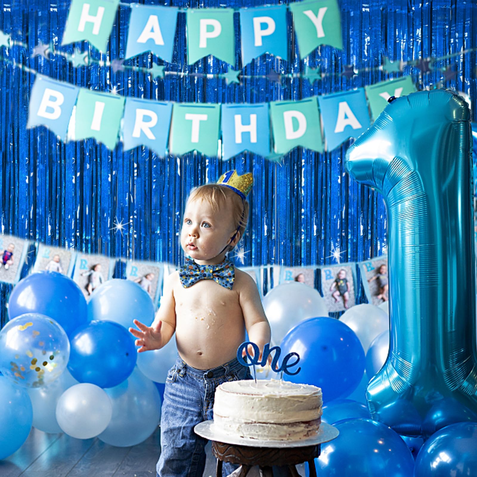 Tinsel Curtain Party Backdrop Blue Birthday Party Decorations 2 Packs Glitter Foil Fringe Curtain Party Decor Streamers Photo Bo