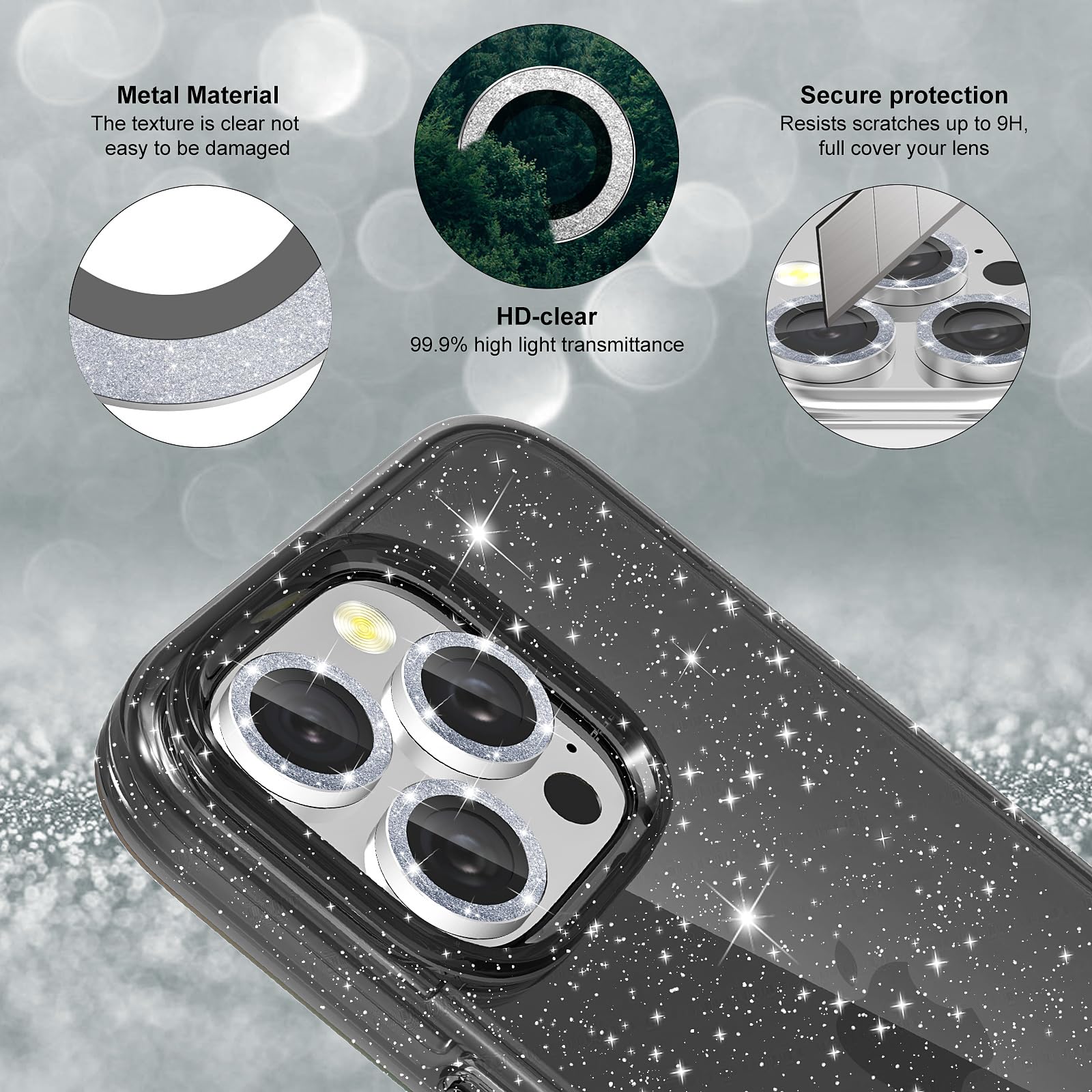 Jasmeas For Iphone 16 Pro Case Clear Glitter, With [2 Pack] Screen Protector & [3 Pack] Camera Lens Protector Sparkle Pc Hard So