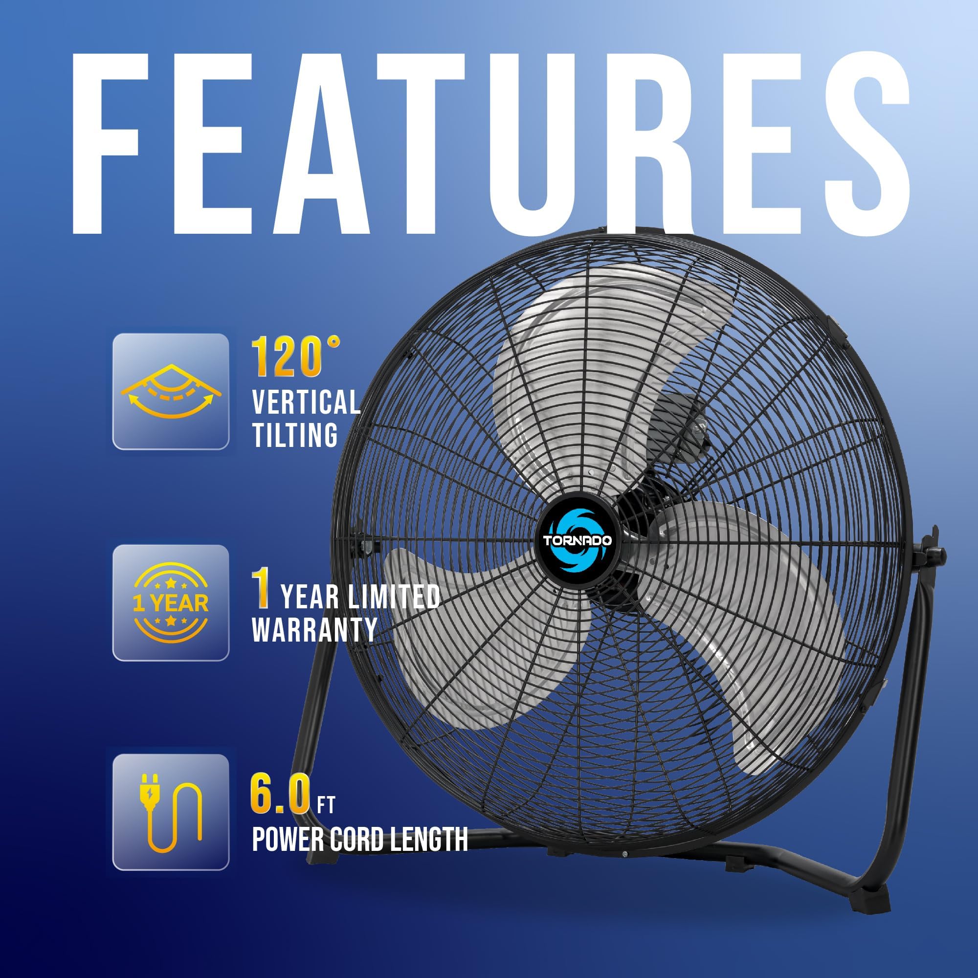 Tornado 20 Inch Industrial Metal Floor Fan, 3 Speed Powerful Cooling Floor Fans, Commercial And Residential Spaces, 120Tilt, 6.0