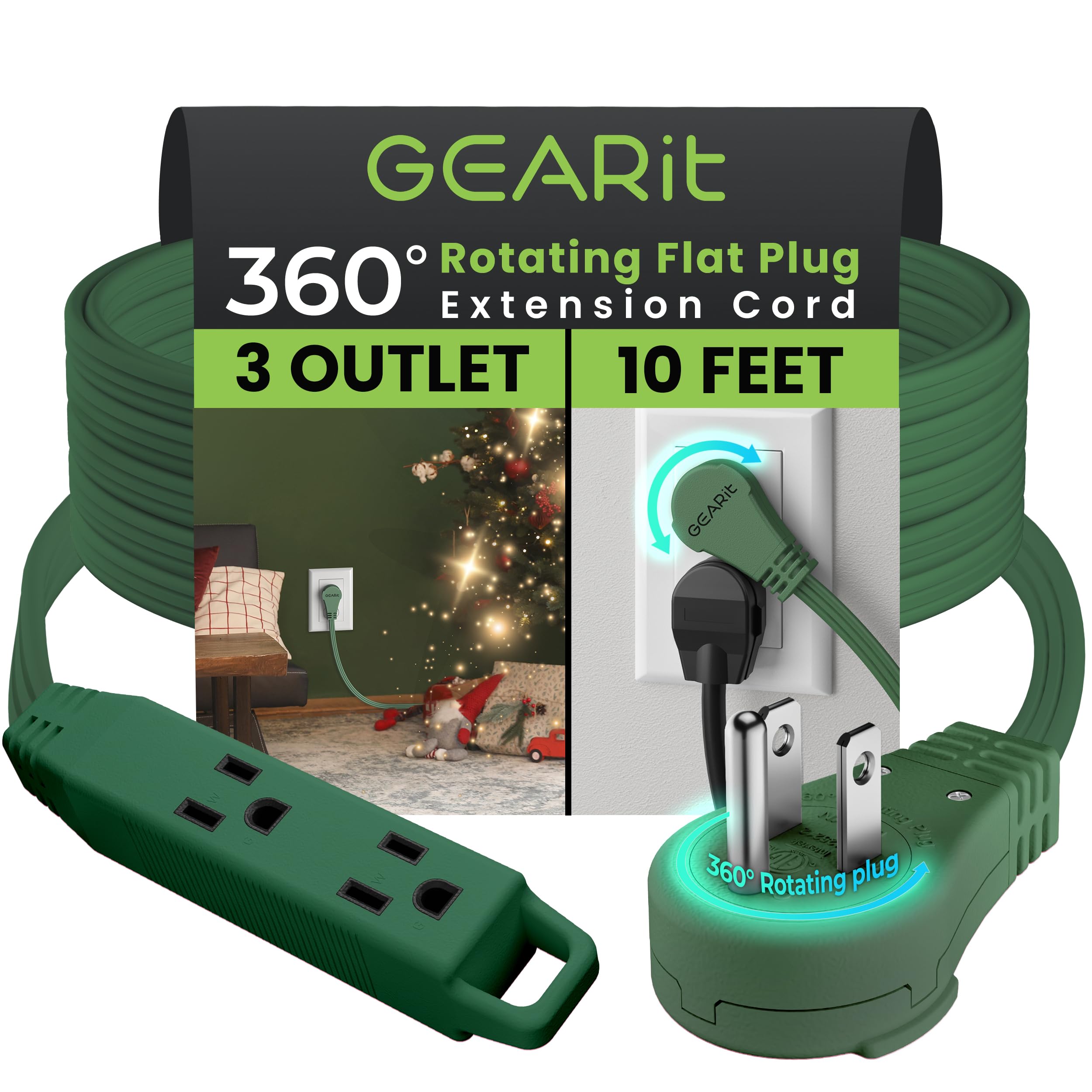 Gearit 360 Rotating Flat Plug Extension Cord With 3 Outlets (10Ft, Green) 16Awg/13A 3 Prong Wire, Outlet Saver For Home Office D