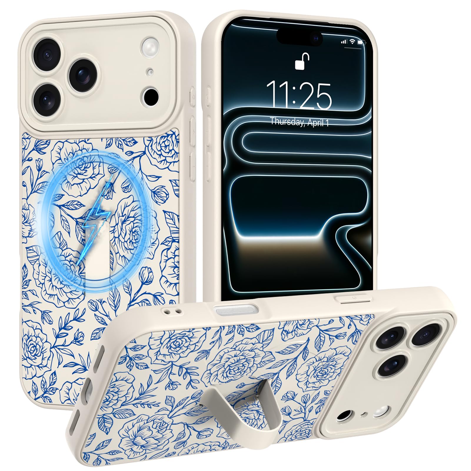 SOKAD Magnetic Floral Case for iPhone 17 Pro with Finger Strap Kickstand, Compatible with Magsafe, Cute Blue Rose Flower Line De