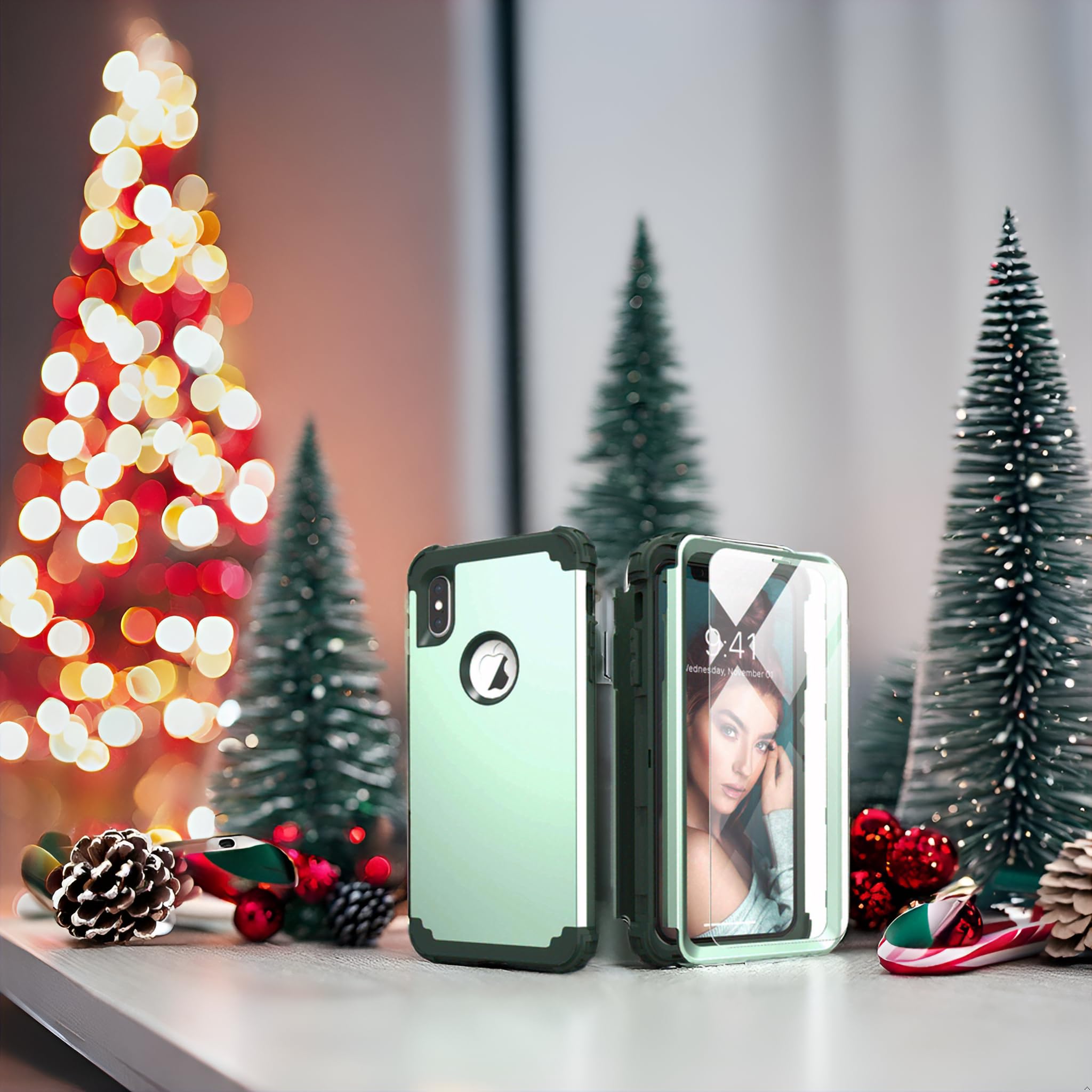 IDweel iPhone Xs Max Case 3-in-1 Shock Absorption Hard PC Soft Silicone Tempered Glass Mint Green