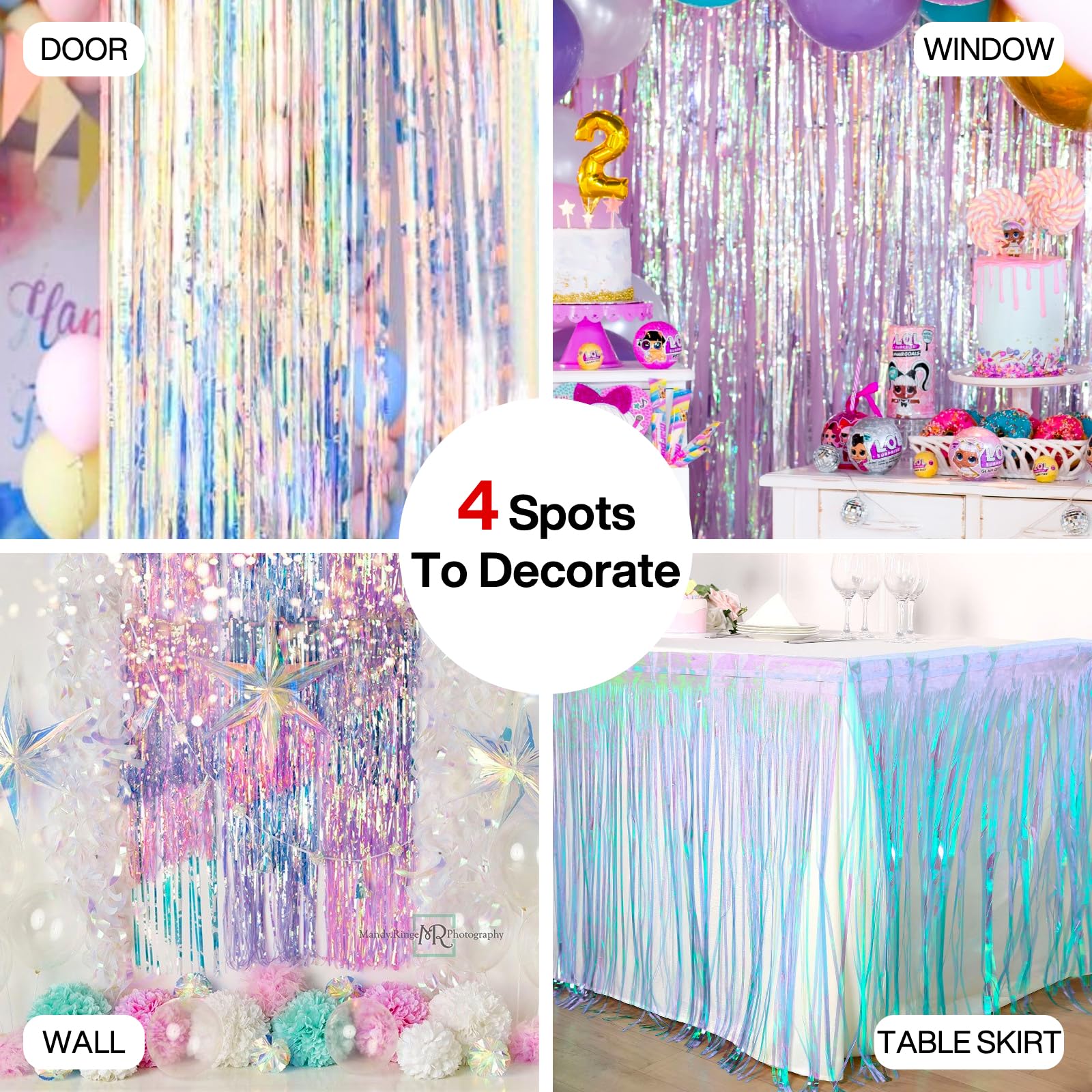 Partywoo Foil Curtain 2 Pcs, 3.3X6.6 Ft Iridescent Tinsel Curtains, Translucent Backdrop Curtain, Holographic Foil Fringe Curtai