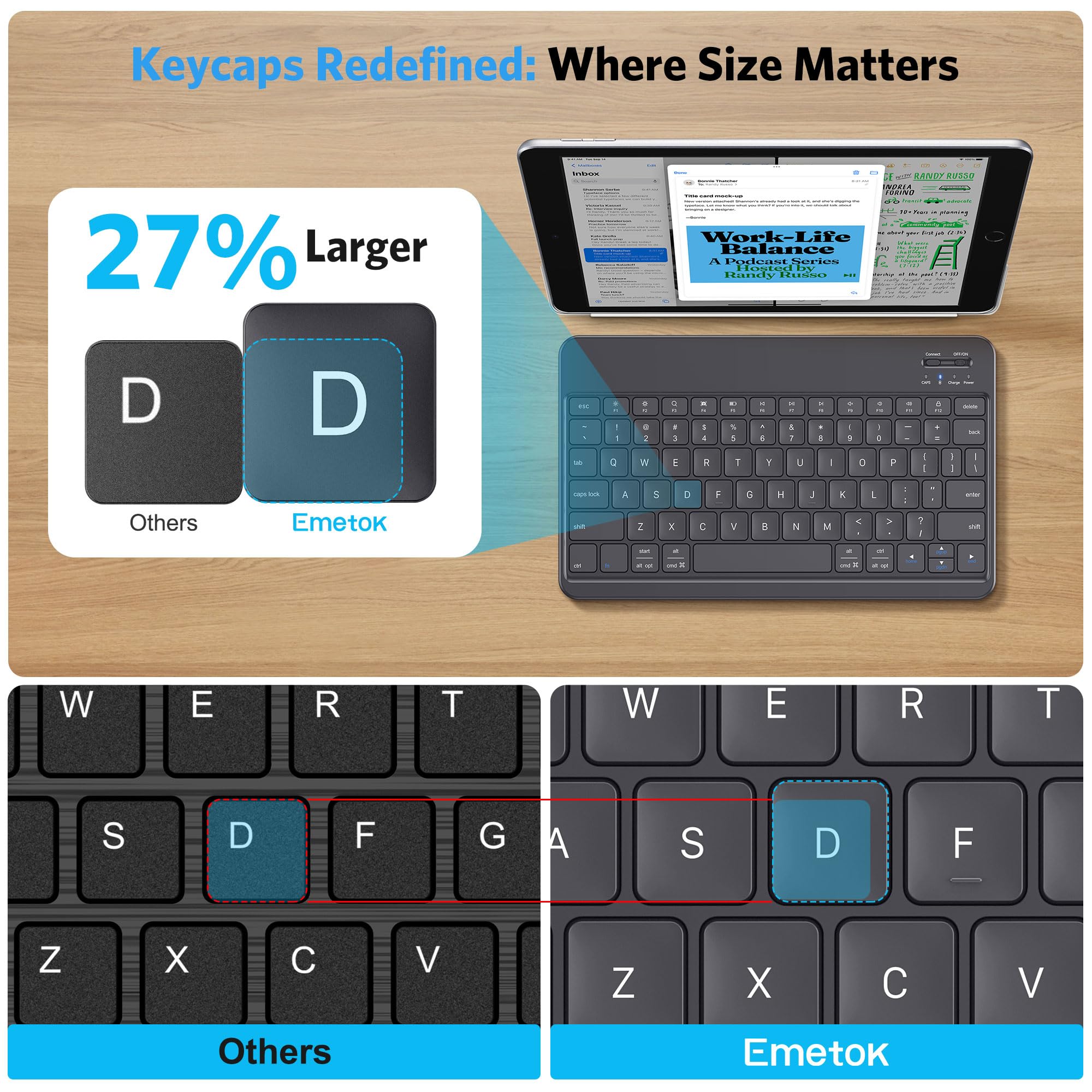 Emetok Portable Bluetooth Keyboard With Larger Keycaps, Upgraded Rechargeable Ble Keyboard For Ipad 10.2 Inch, Speedier Response