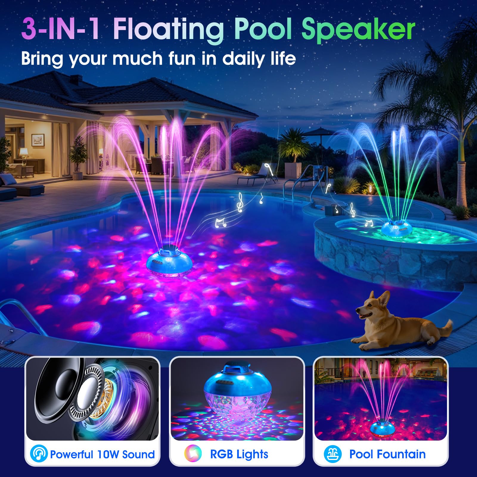 Blufree Bluetooth Pool Speaker W/Colorful Pool Fountain Light, 3 In 1 Floating Pool Speaker Loud Sound, Ip68 Waterproof Floating