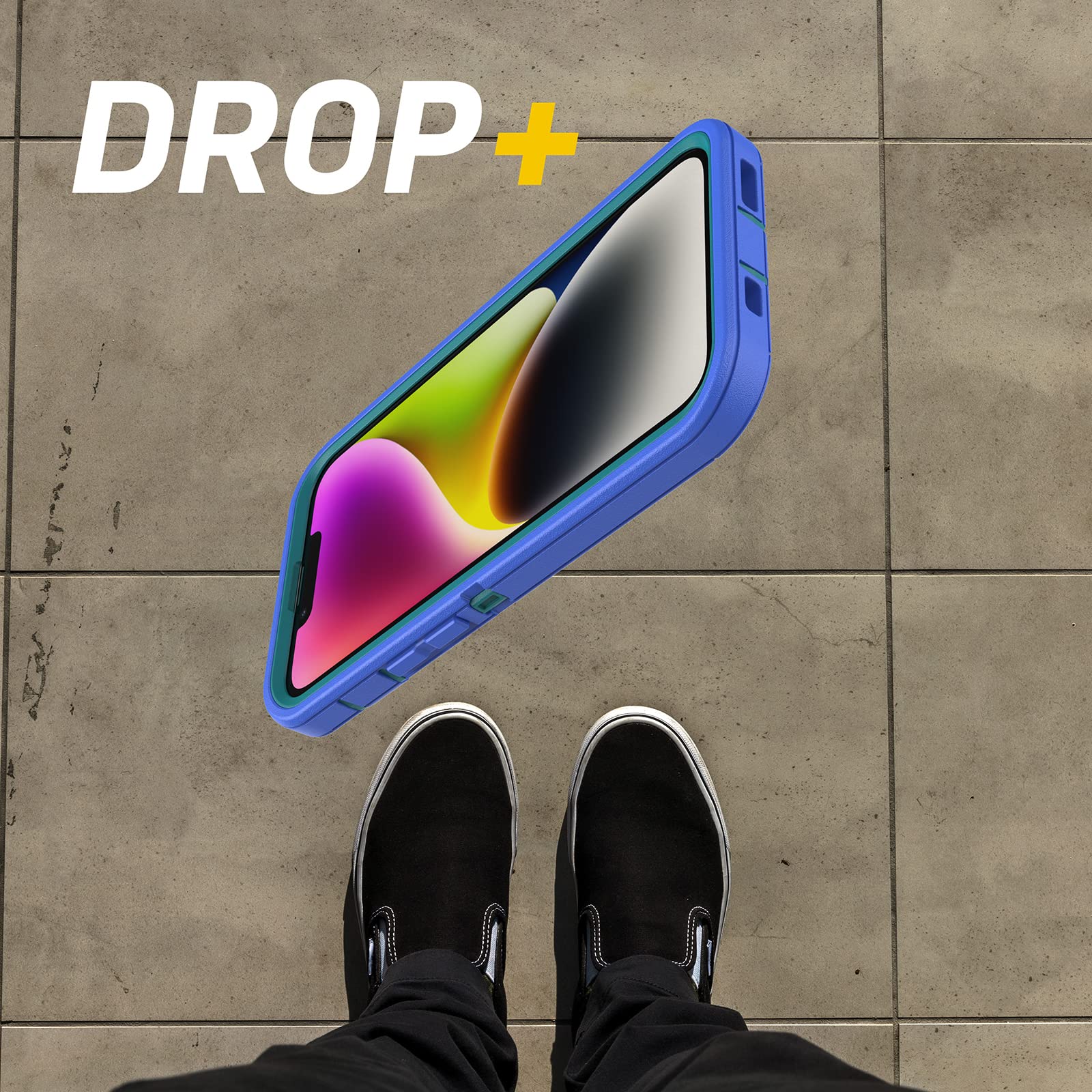 Otterbox Iphone 14 Plus Defender Series Case   Rain Check (Blue), Rugged & Durable, With Port Protection, Includes Holster Clip