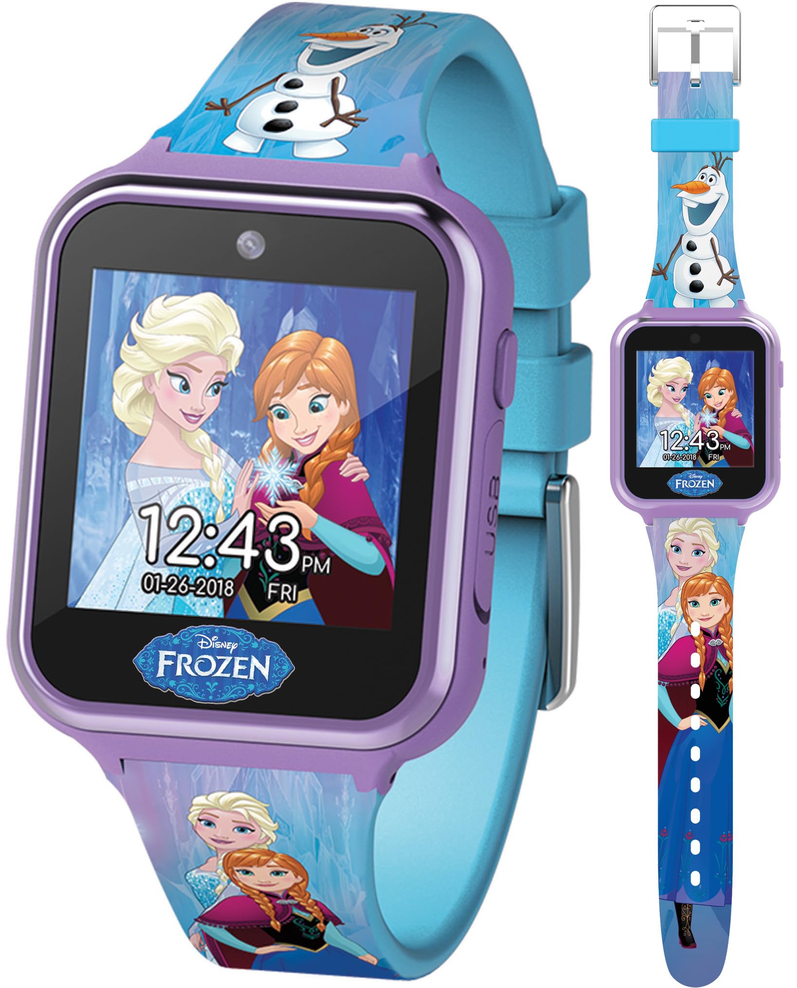 Accutime Kids Disney Frozen Anna Elsa Turquoise Educational Touchscreen Smart Watch Toy For Girls, Boys, Toddlers   Selfie Cam,