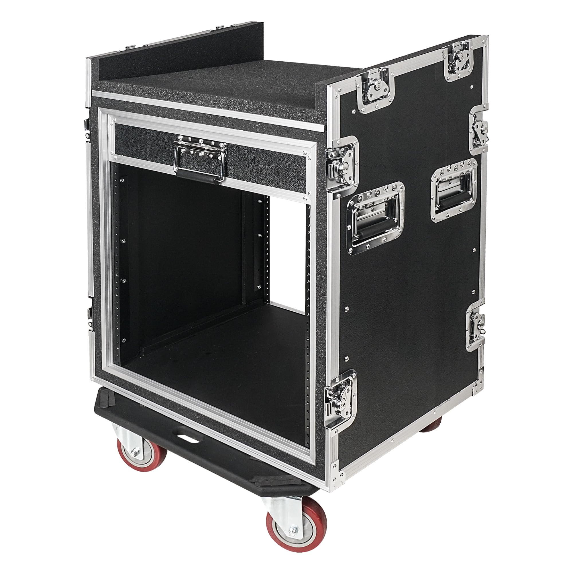 Sound Town Shock Mount 12U Ata Rack Case With 20    Rackable Depth, 11U Slant Mixer Top And Casters, 12 Space Size   Pro Tour Gr