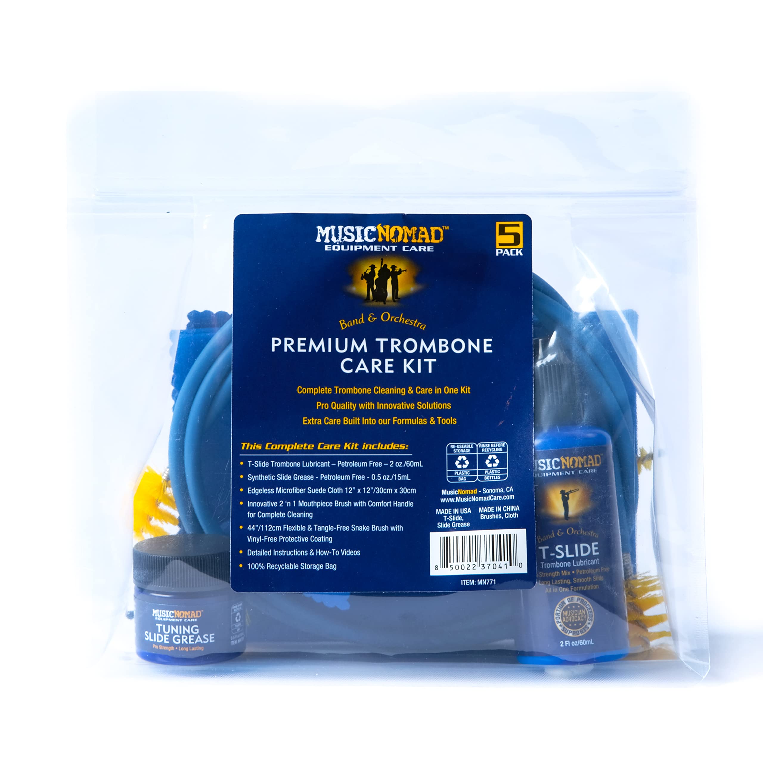 Musicnomad 5 Pc. Premium Trombone Cleaning & Care Kit With Extra Care Built Into Our Product Designs, Formulas, Instructions, Gi