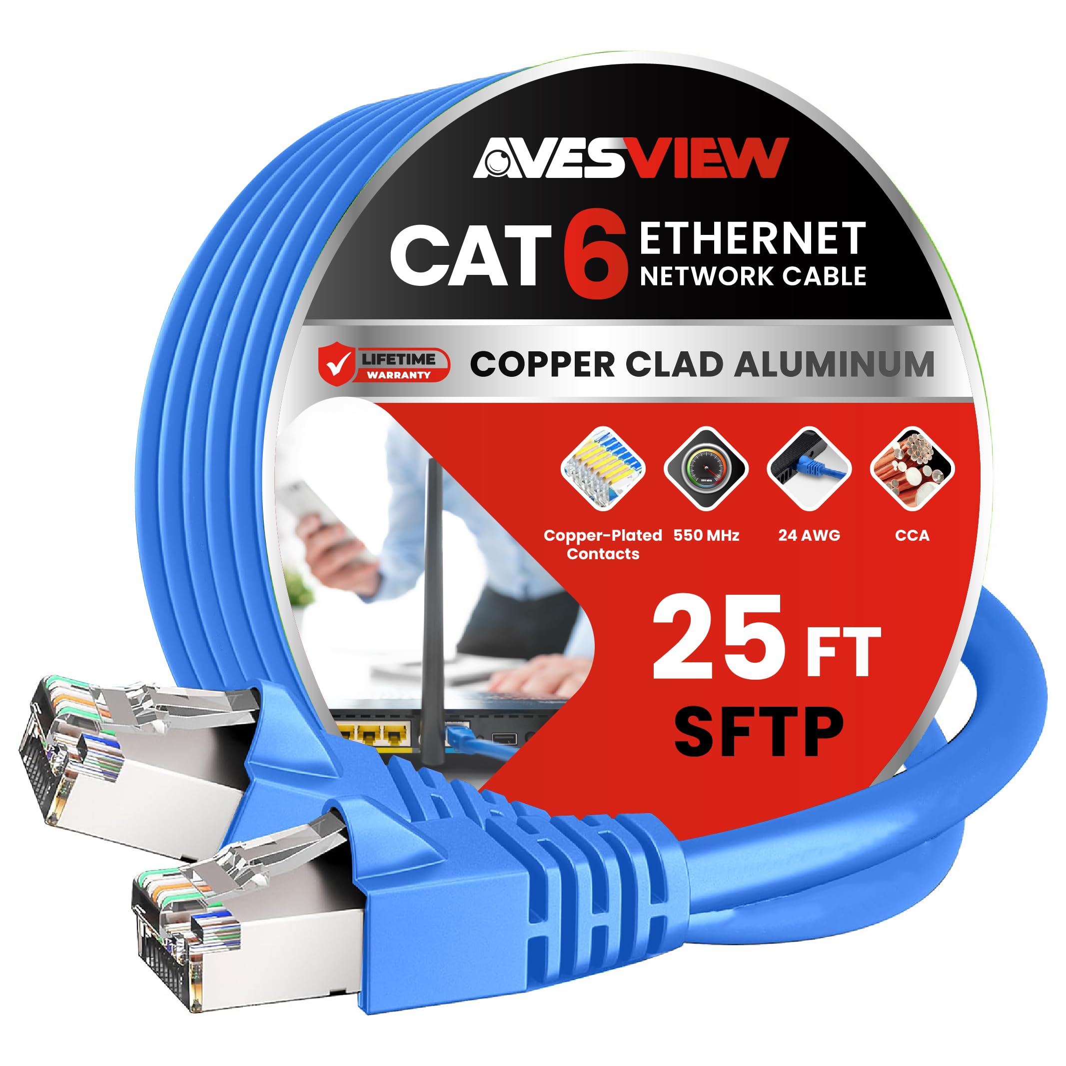 Avesview Cat 6 Shielded Ethernet Cable 25Ft, Indoor High Speed (Sftp) 10Gbps Snagless Shielded 25 Ft Ethernet Cable For Internet