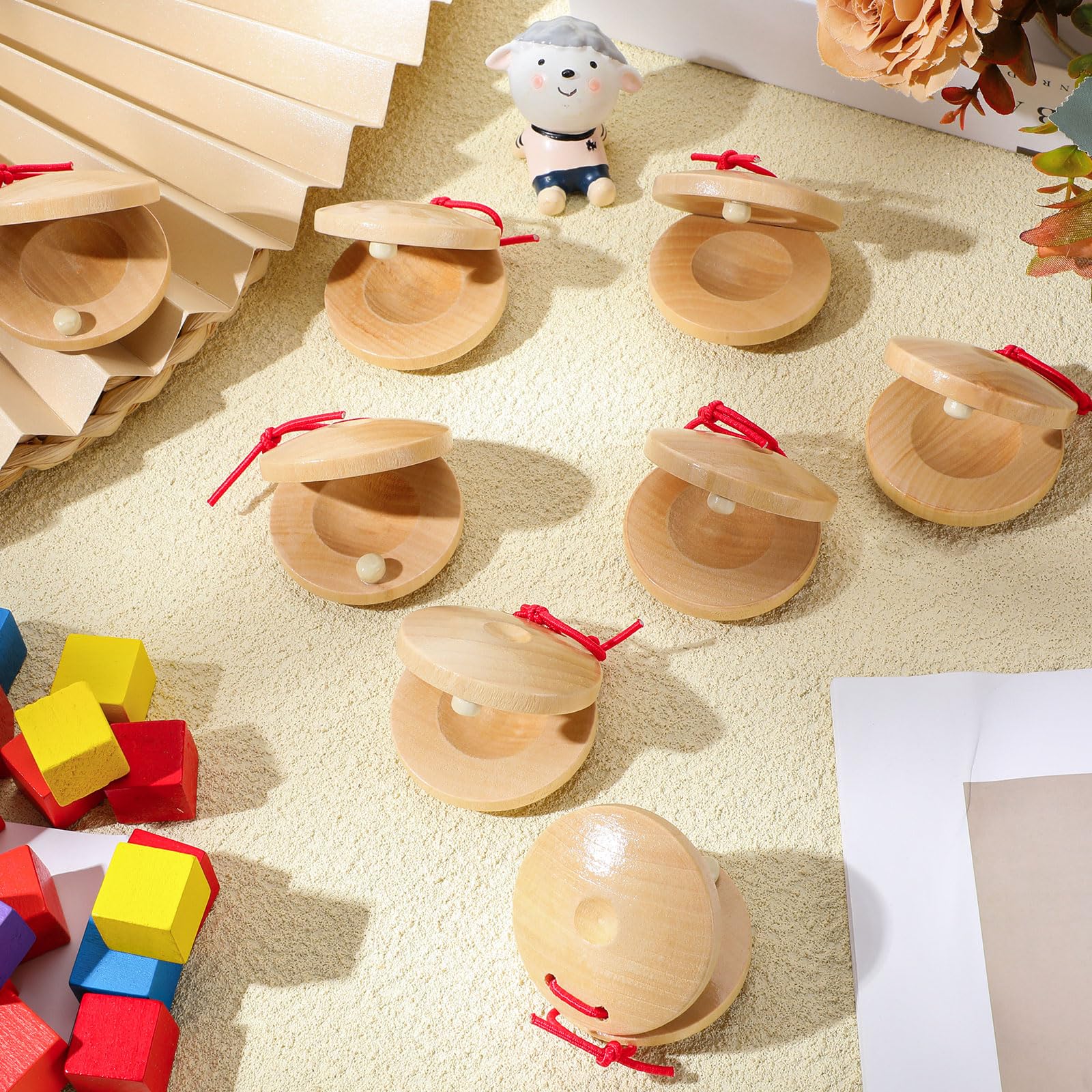 Lukmaa 48 Pcs Castanets Wooden Musical Instrument Wood Baby Hand Finger Castanets Rhythm Clap Board Educational Percussion Creat