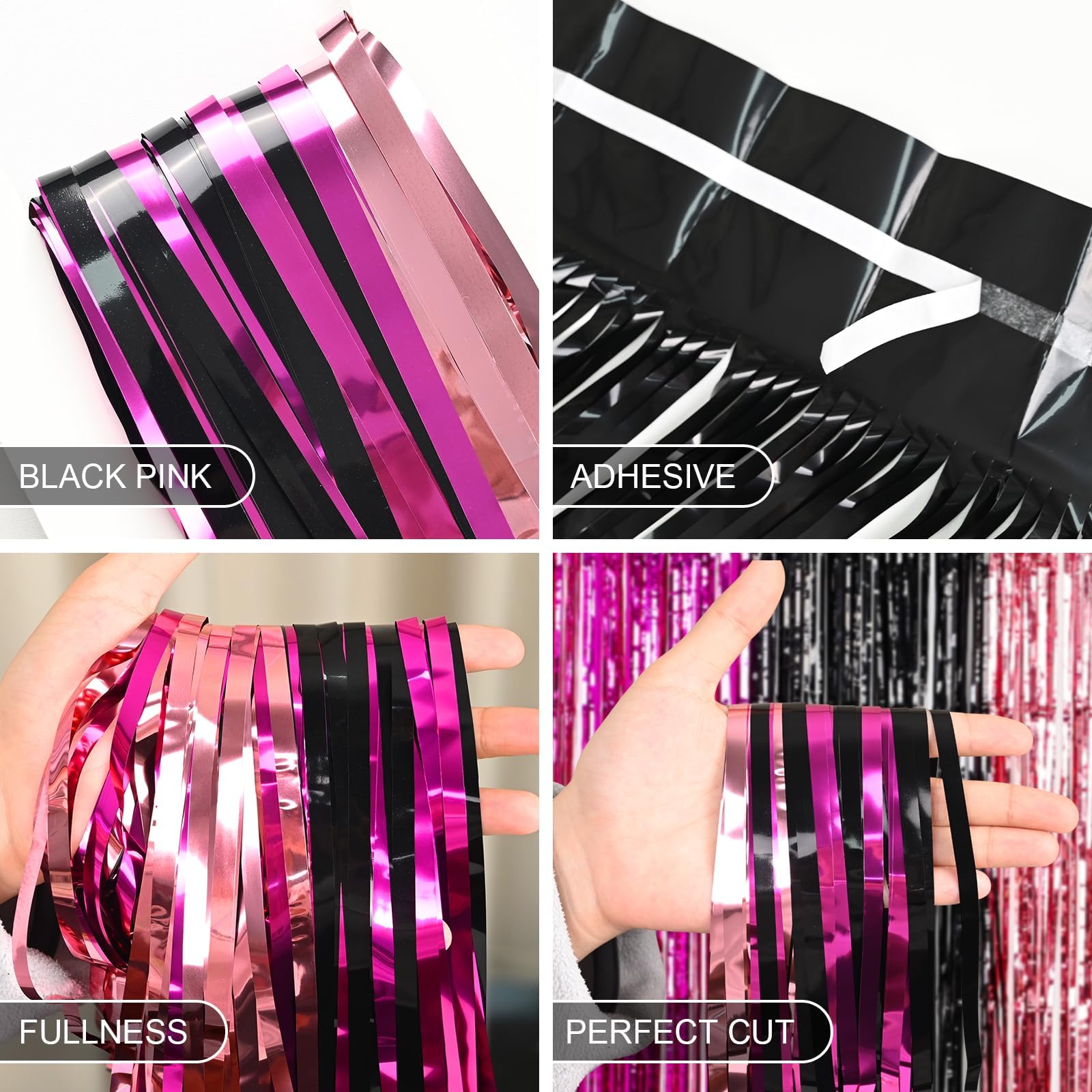 Minnie Birthday Party Supplies, 2 Pack 3.3X6.6 Ft Hot Pink Black Foil Fringe Curtain, Black And Pink Photo Booth Prop Streamer B