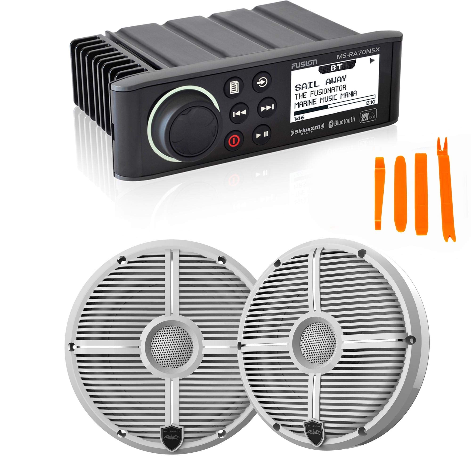 Fusion MS-RA70NSX Marine AM/FM/BT/NEMA2000 Stereo with 1 Pair Wet Sounds Recon 6-XWW High Output 6.5 Marine Coaxial Speakers, Wh