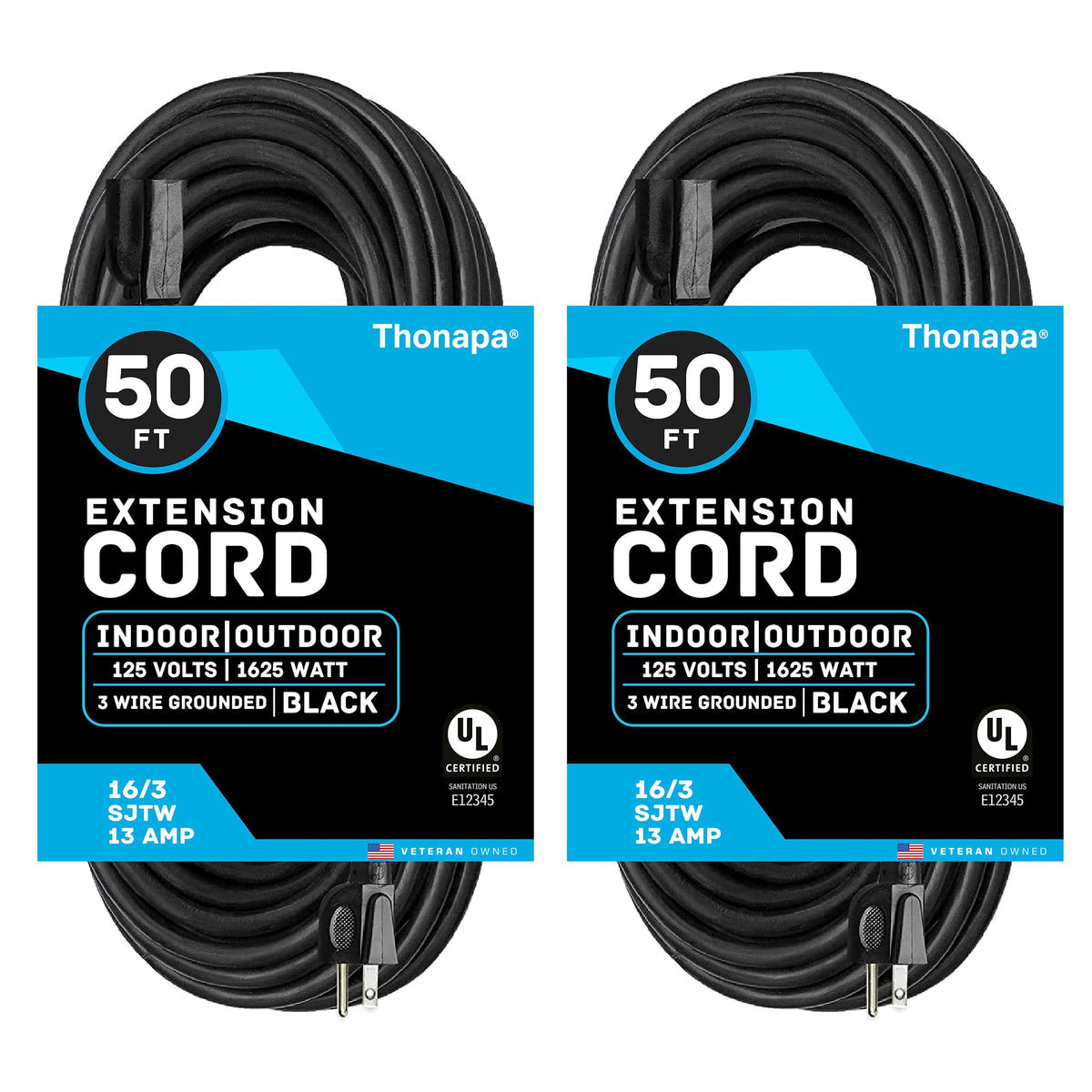 Thonapa Weatherproof Black Extension Cord 50 Ft, 2 Pack, 16/3 Christmas Light Extension Cord Outdoor 50 Foot 3 Prong, 16/3 Sjtw