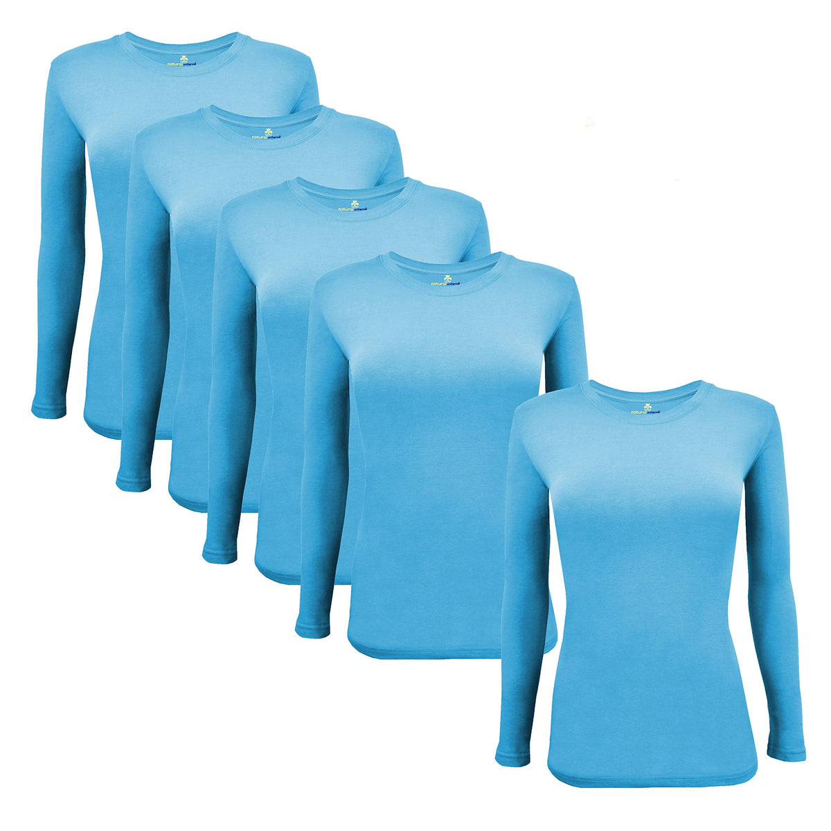 Natural Uniforms Womens Under Scrub Tee Crew Neck Long Sleeve T Shirt 5 Pack (Large, 5 Pack  Water Blue)