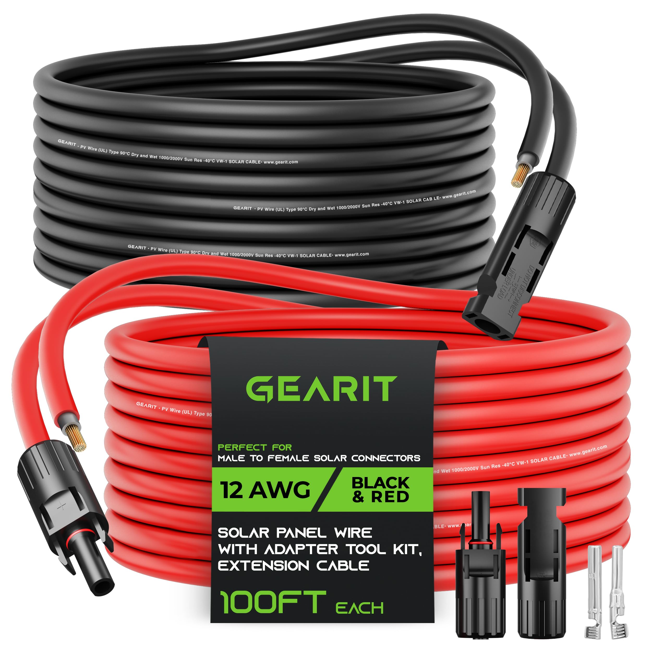 Gearit 12Awg Solar Extension Cable (100Ft Black   100Ft Red) Male To Female Solar Connectors With Adapter Tool Kit, Solar Panel