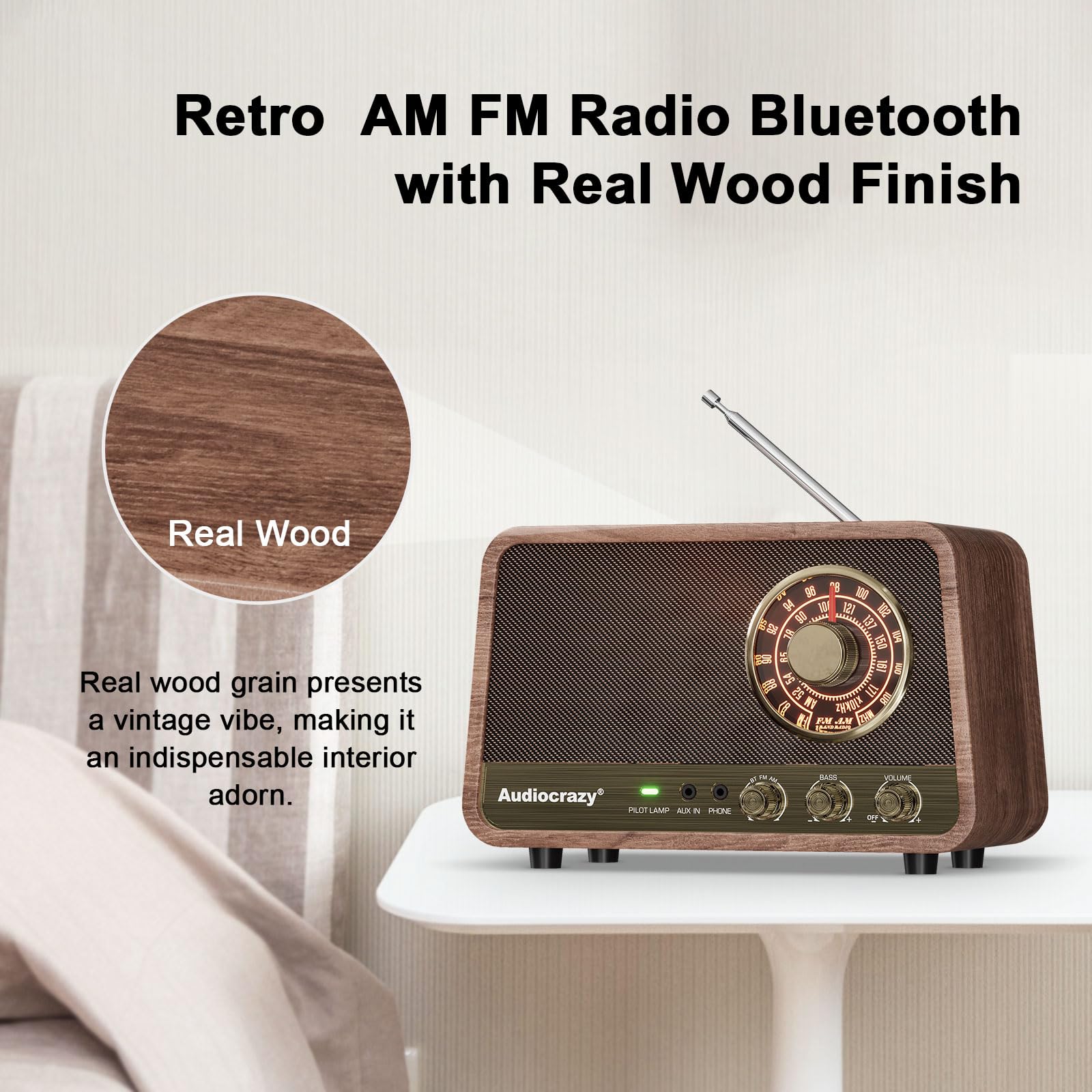 Audiocrazy Vintage Wooden AM FM Bluetooth Radio - 10W Sound, Bass Control, Espresso Finish, Model Audiocrazy-001
