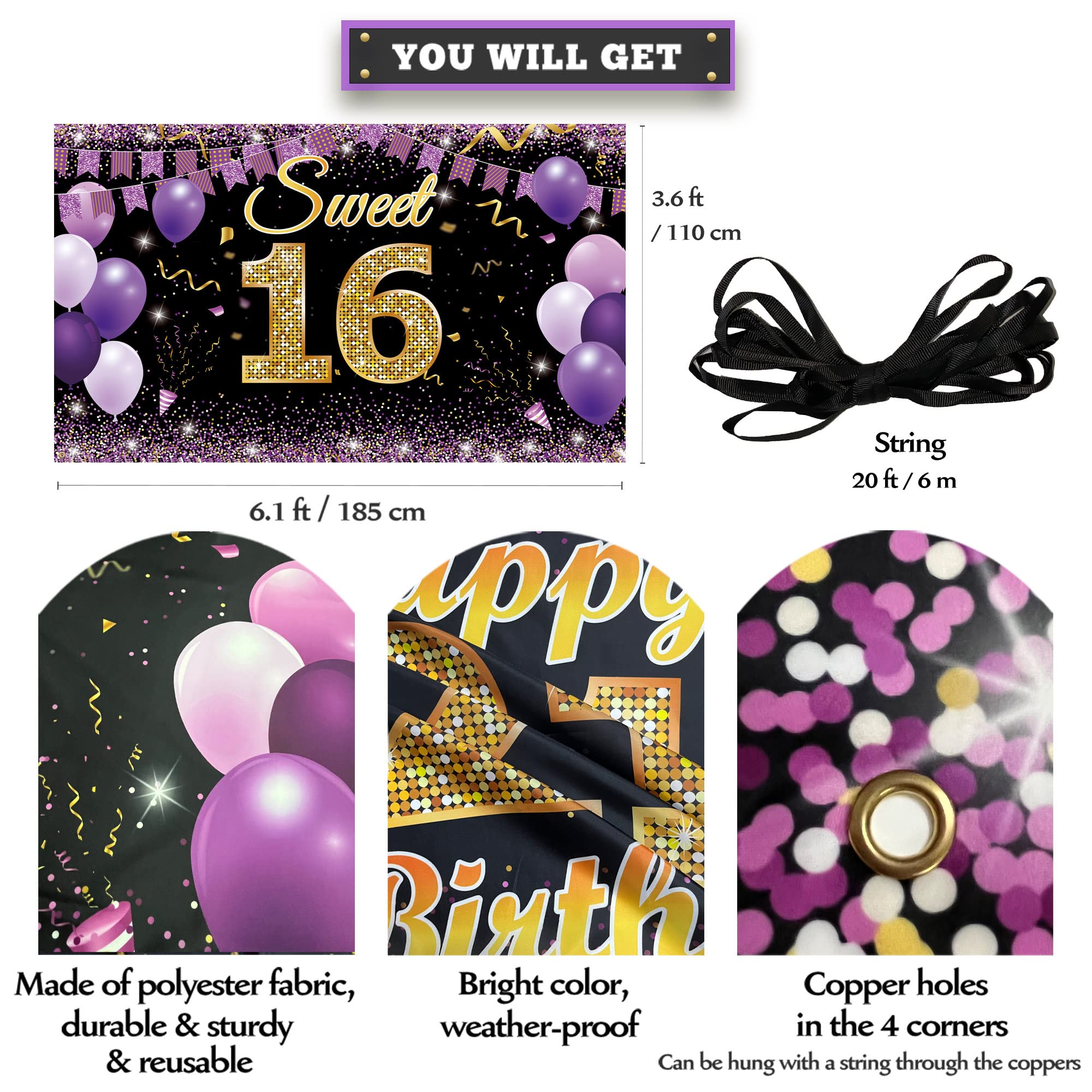 Sweet 16 Birthday Decorations Backdrop Banner, Happy 16Th Birthday Decorations For Girls, Gold Purple Sweet Sixteen Party Decora