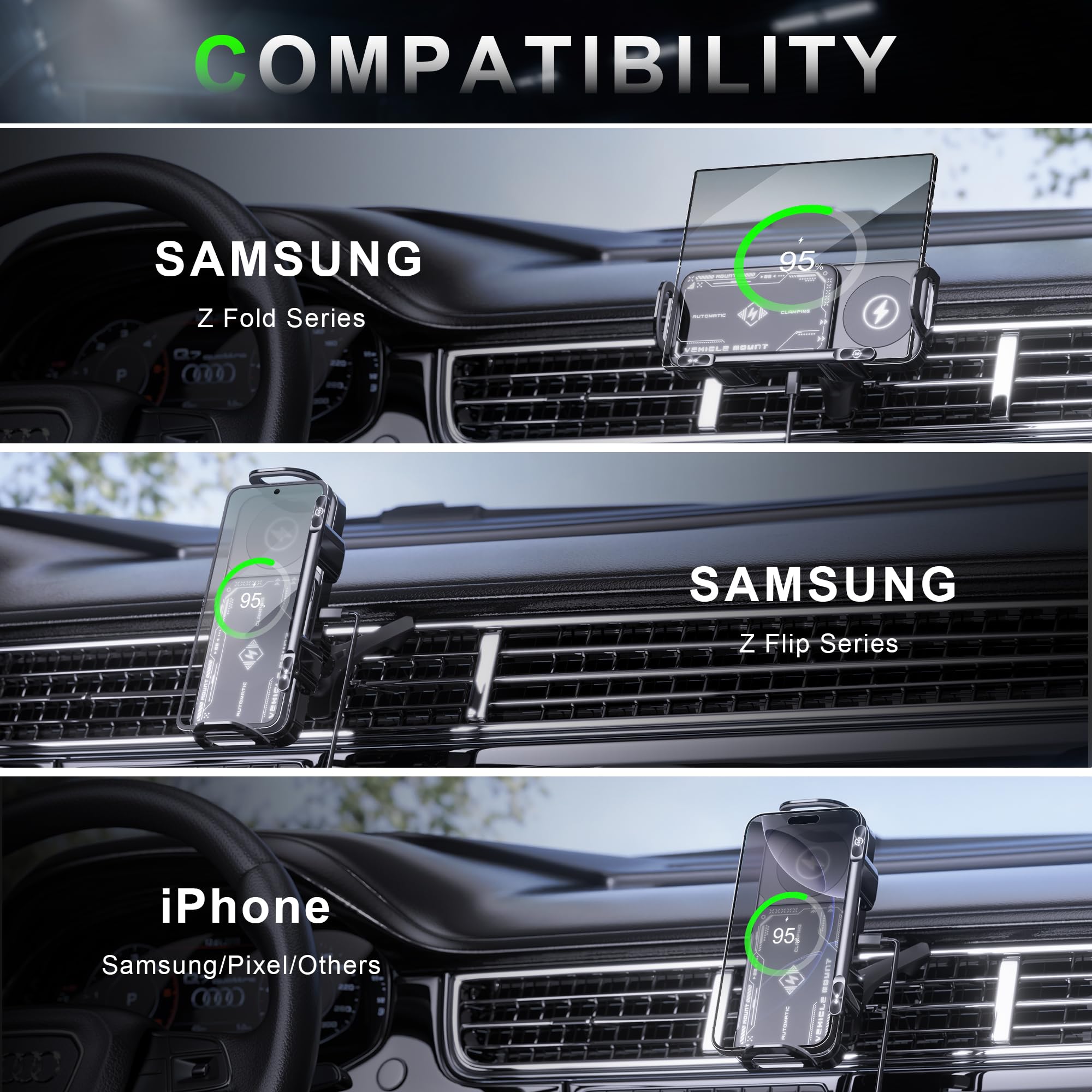 Jdhdl Wireless Car Charger Mount, Auto-Clamping 15W Dual Coil One-Touch 90 Rotatable Car Phone Holder Wireless Charger For Samsu