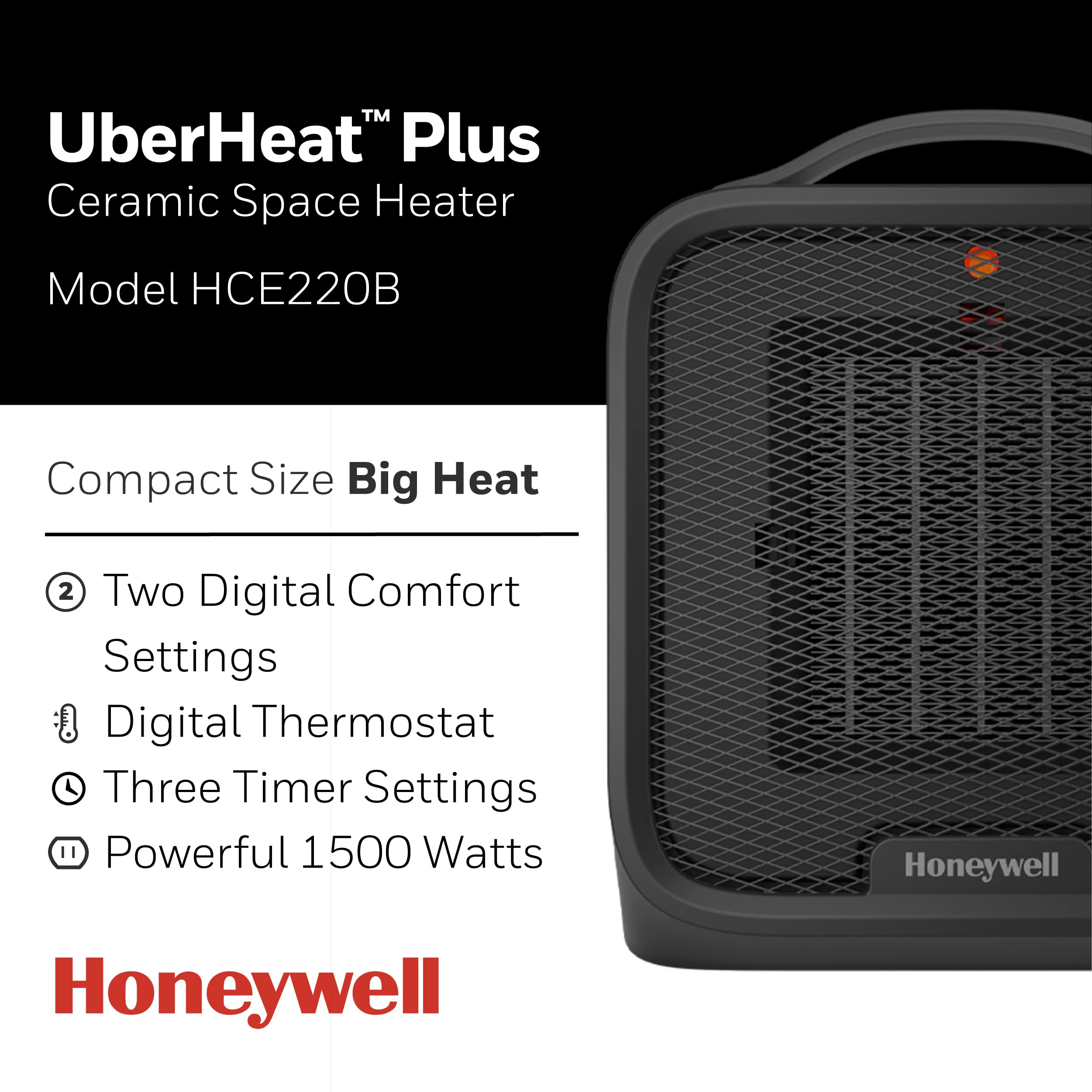 Honeywell Uberheat Plus Ceramic Space Heater For Small Rooms, Quiet, Compact Personal Heater With Variable Heat Settings And Aut