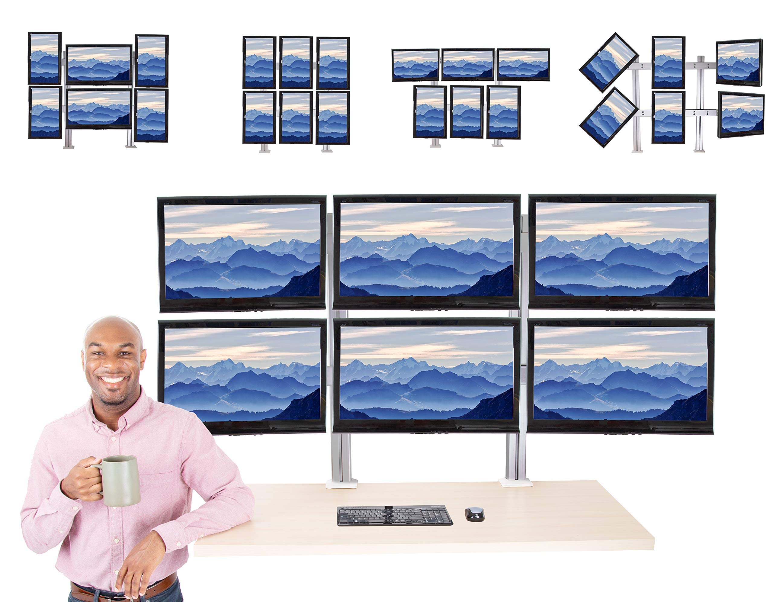 Stand Steady 6 Monitor Mount Desk Setup   Heavy Duty Height Adjustable Monitor Stand, Swivel Arm With Clamp On Base, 6 Screen Ve