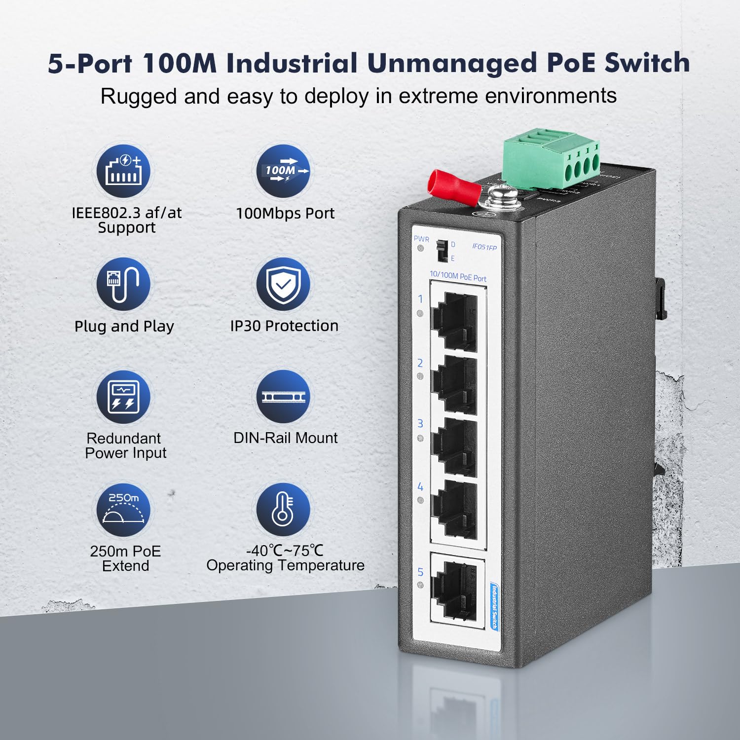 Yulinca 5 Port Mini Poe+ Industrial Din Rail Switch, 4 Ports Poe+ And 1 Uplink, 10/100Mbps Fast Ethernet, Din Rail & Wall Mount