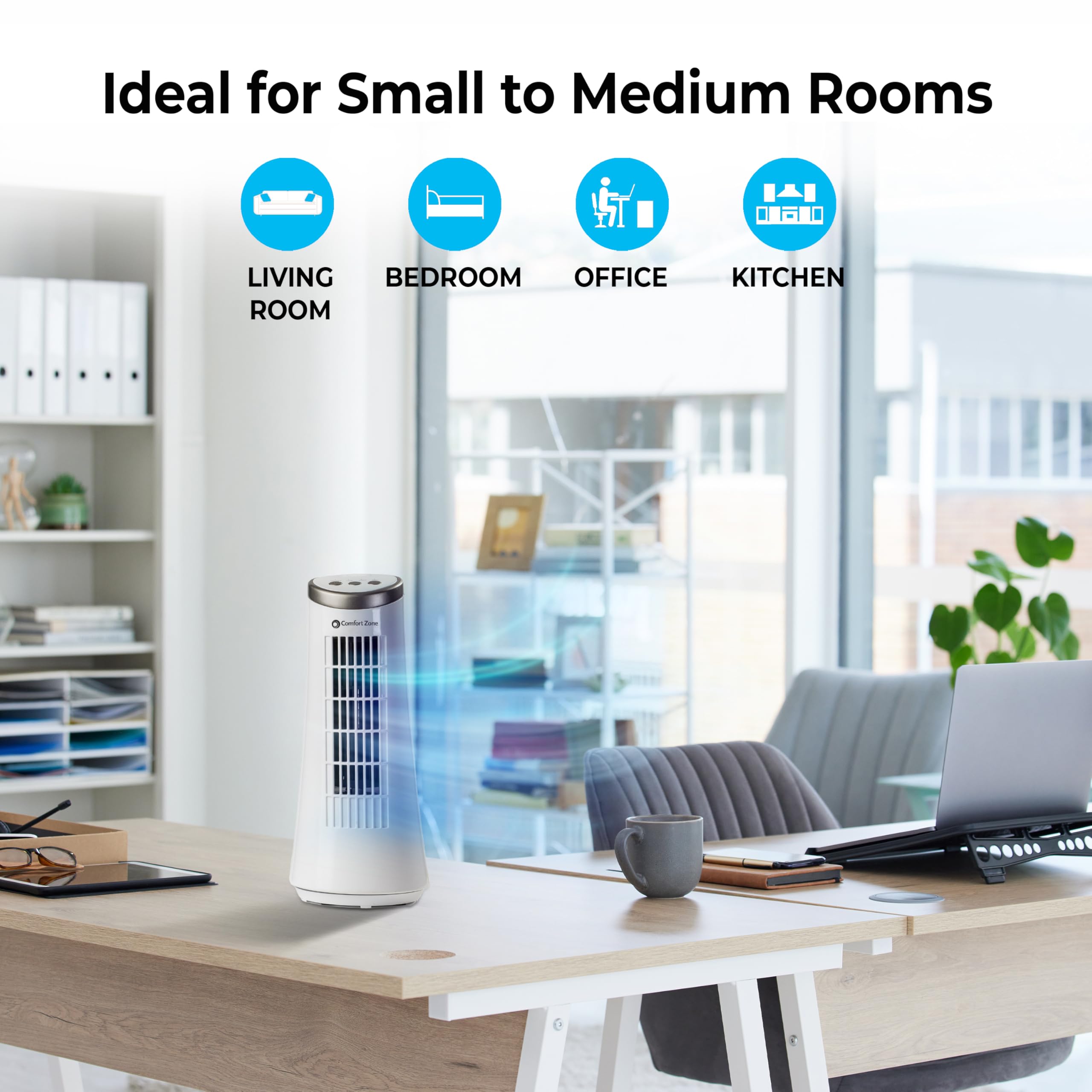 Comfort Zone 12-Inch Oscillating Desktop Tower Fan, Ultra-Slim Bladeless Design With 2 Speeds, Electronic Touch Controls & Carry